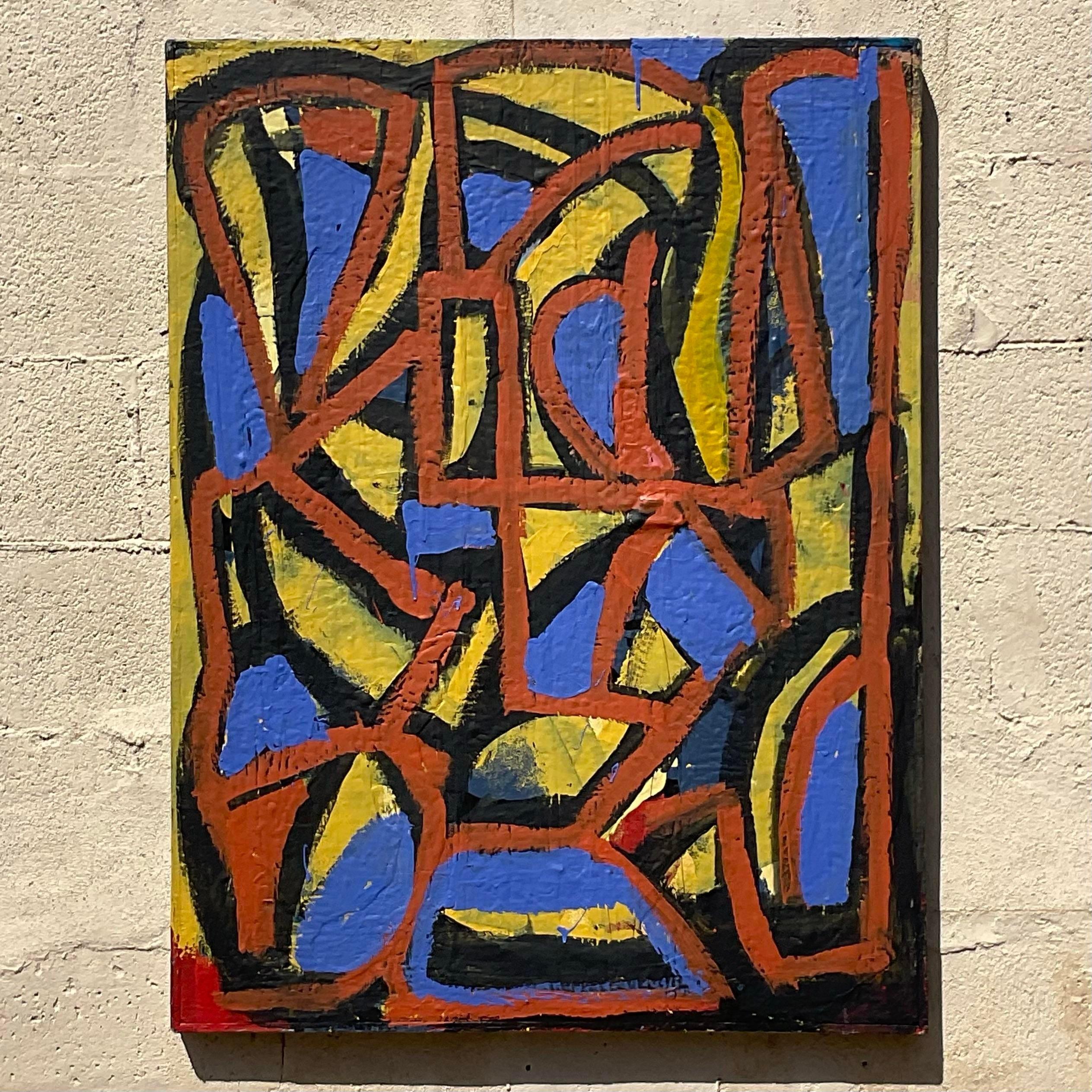 Óleo sobre lienzo Vintage Boho Geométrico Abstracto en Bueno estado para la venta en west palm beach, FL