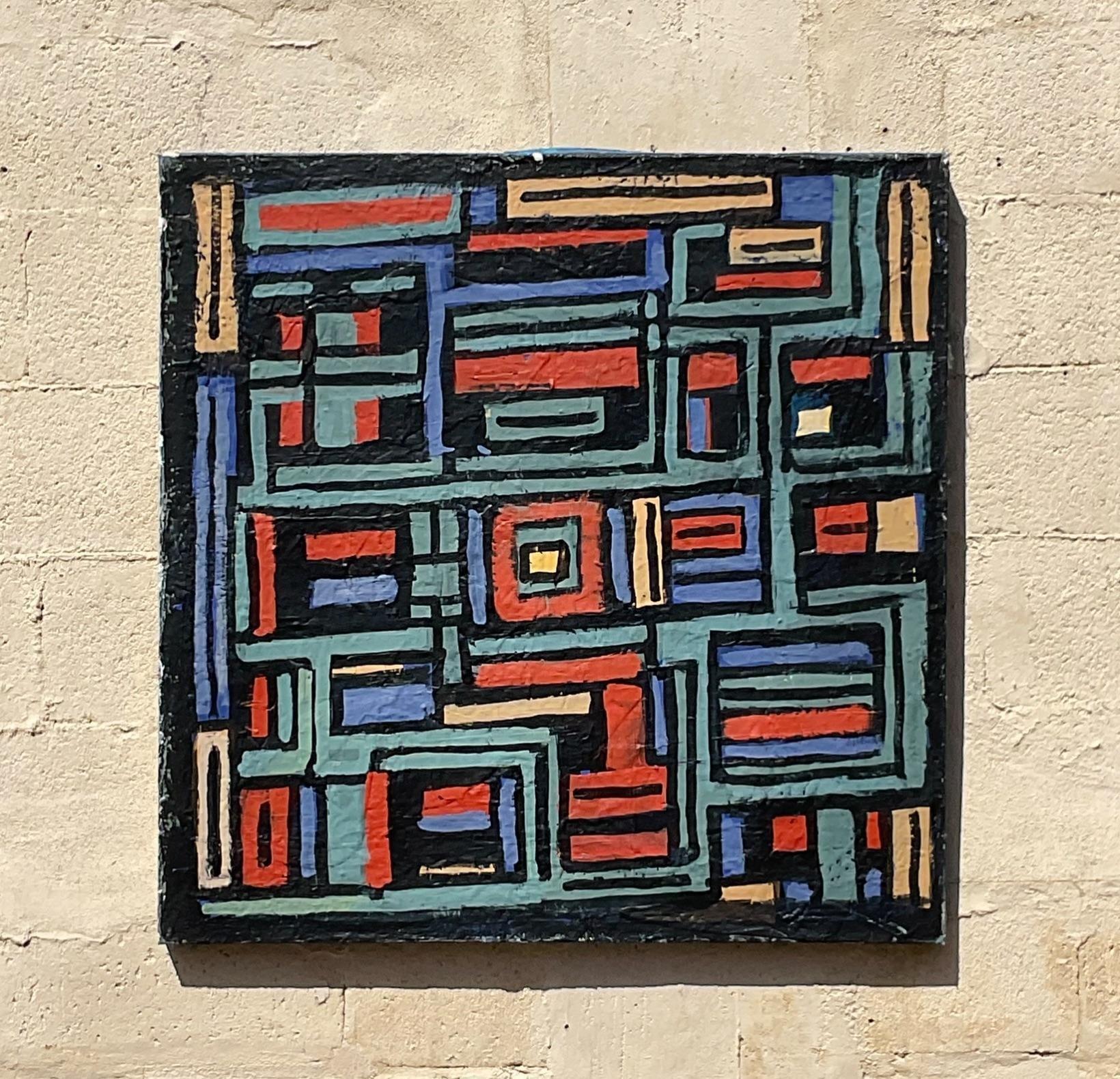 20th Century Vintage Boho Geometric Abstract Oil on Canvas For Sale