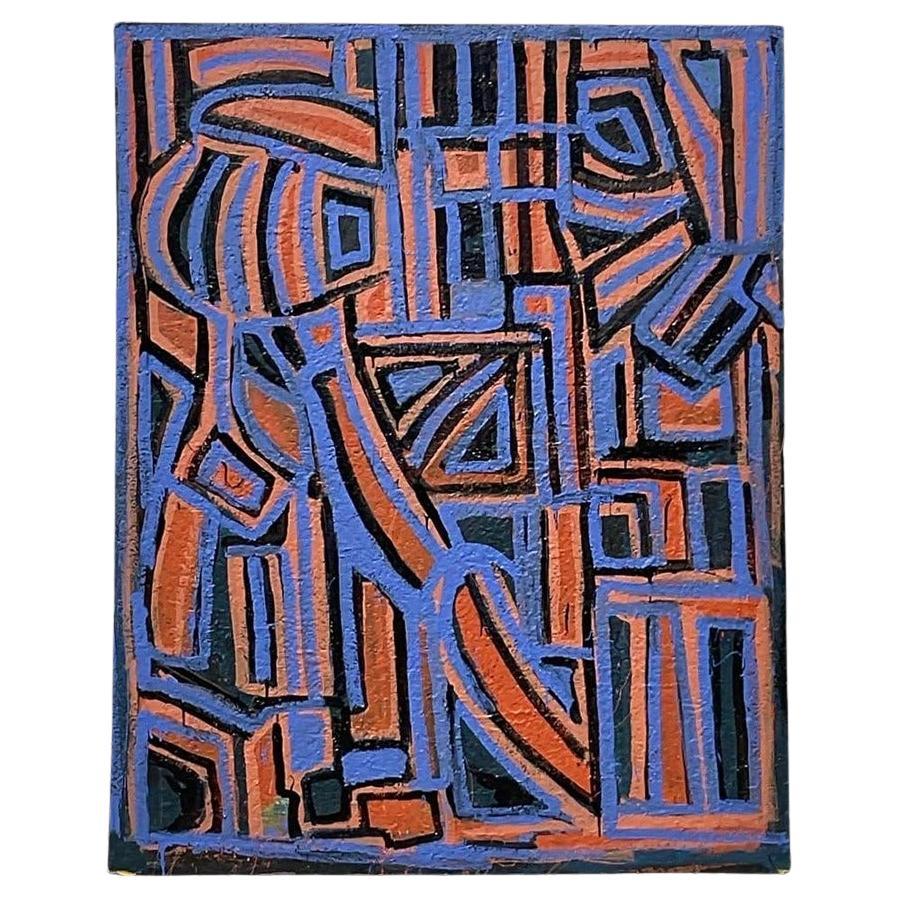 Vintage Boho Geometric Abstract Oil on Canvas For Sale