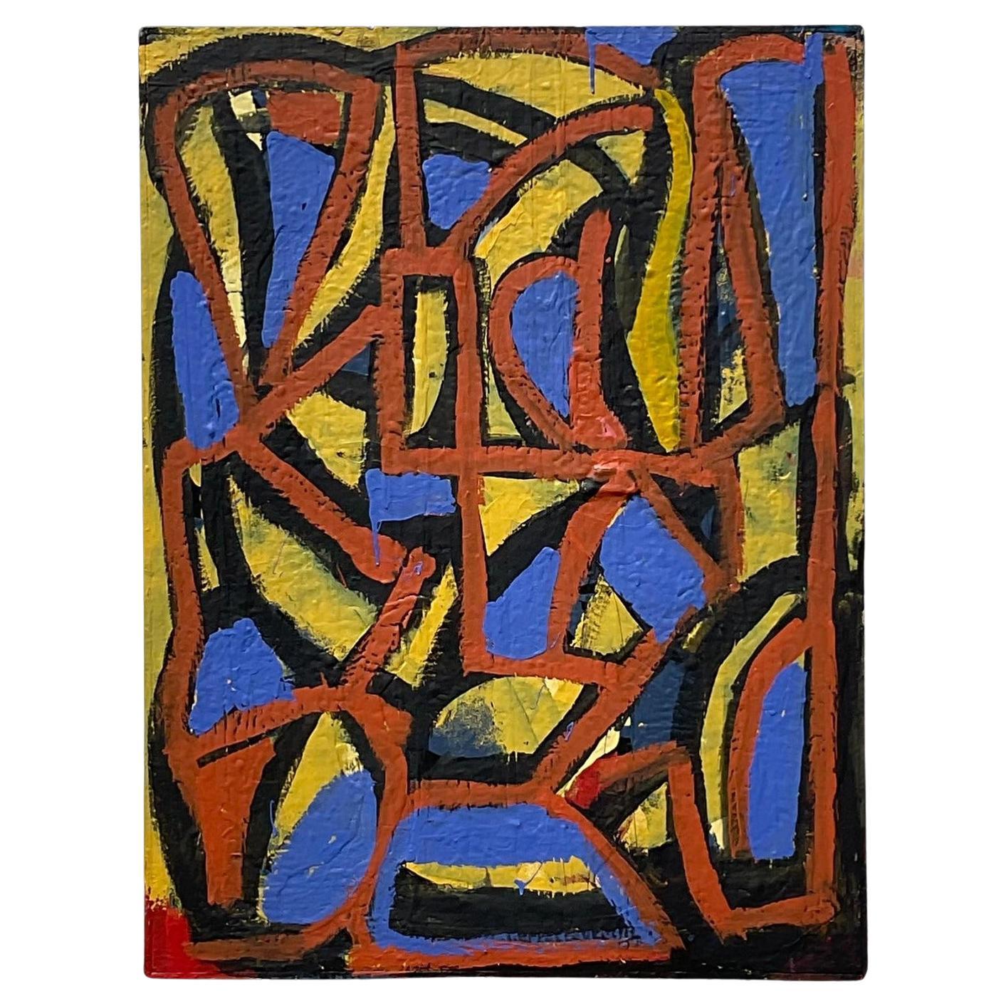 Vintage Boho Geometric Abstract Oil on Canvas For Sale