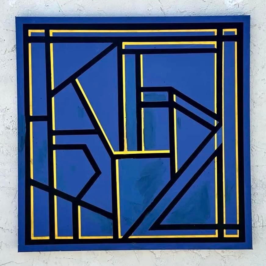Vintage Boho original Ölgemälde auf Leinwand. Eine schicke geometrische Komposition in klaren grafischen Farben. Signiert vom Künstler. Erworben aus einem Nachlass in Palm Beach. 