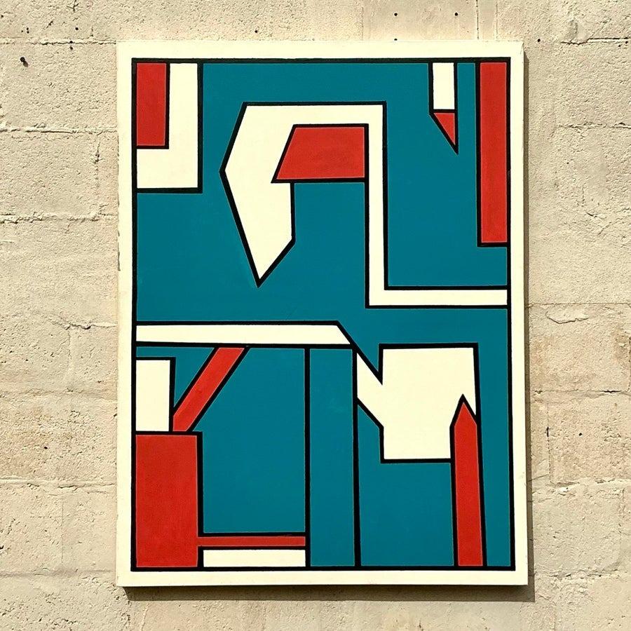 Dieses auffällige abstrakte Ölgemälde im Vintage-Stil zeigt kühne geometrische Muster in leuchtenden Türkis-, Rot- und Weißtönen. Das fachmännisch gefertigte Design schafft einen fesselnden visuellen Rhythmus, der modernistische Einflüsse mit