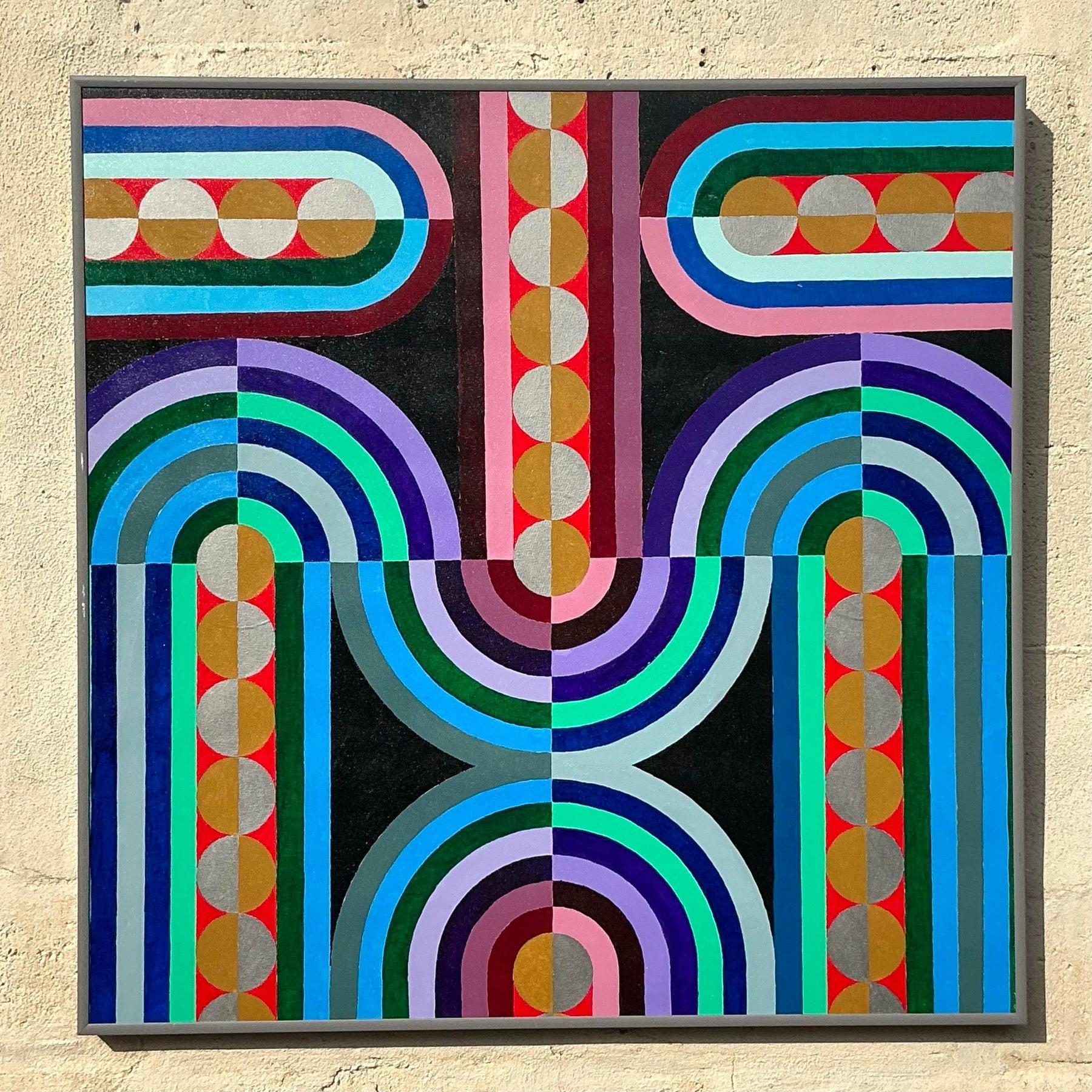 Vintage Boho Geometrische abstrakte Ölgemälde auf Leinwand (amerikanisch) im Angebot