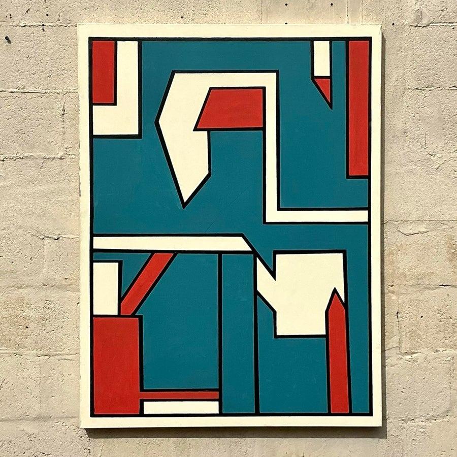 Vintage Boho Geometrische abstrakte Ölgemälde auf Leinwand (amerikanisch) im Angebot