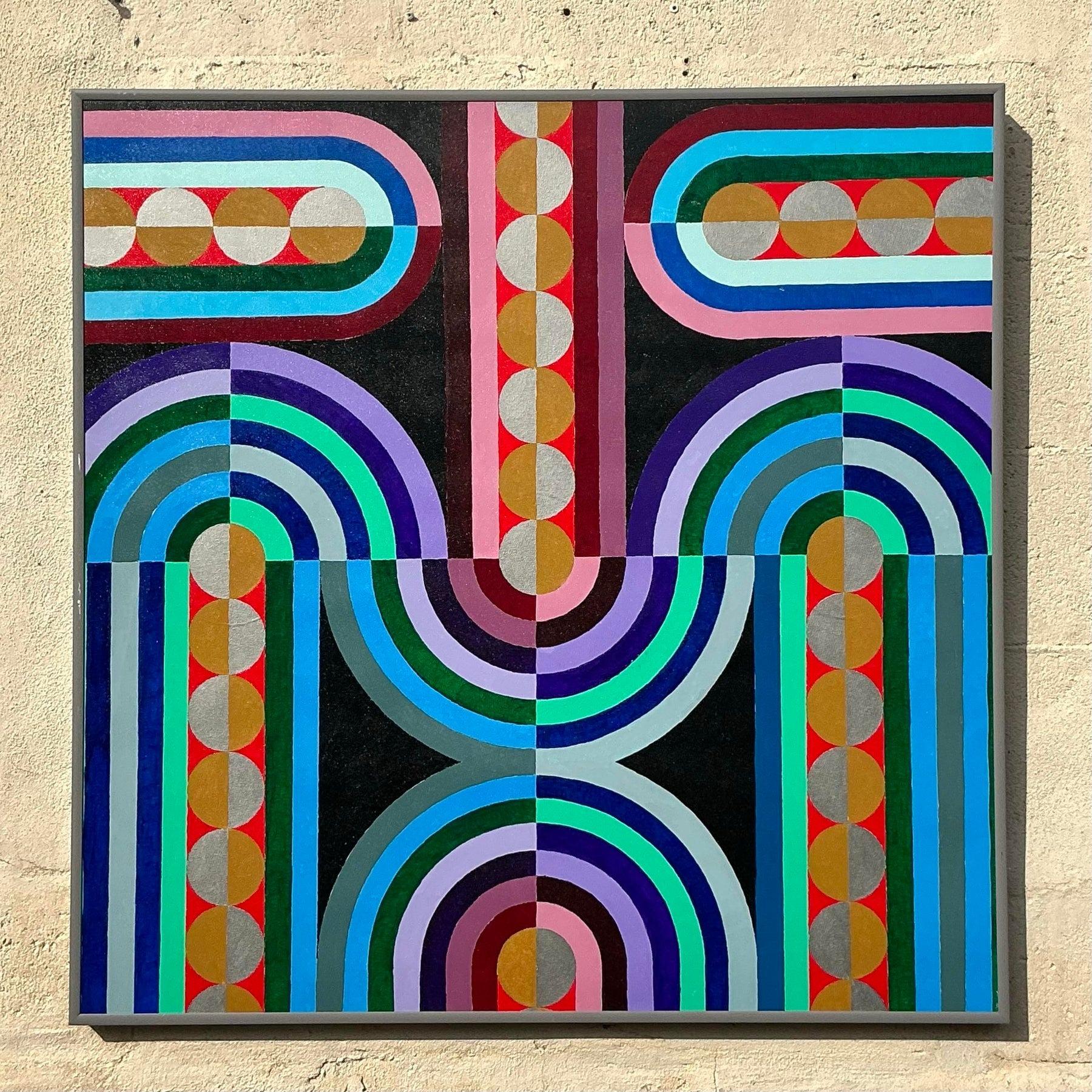 Vintage Boho Geometrische abstrakte Ölgemälde auf Leinwand im Zustand „Gut“ im Angebot in west palm beach, FL