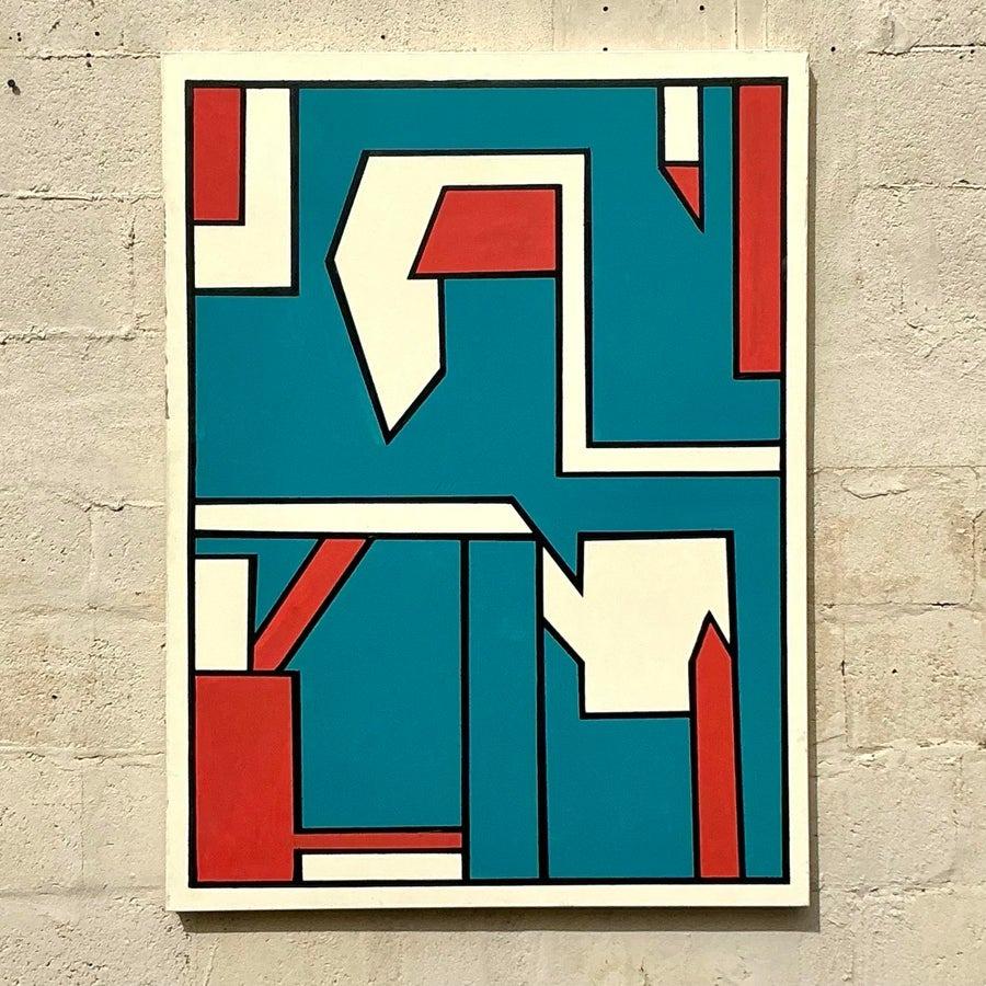 Vintage Boho Geometrische abstrakte Ölgemälde auf Leinwand im Zustand „Gut“ im Angebot in west palm beach, FL