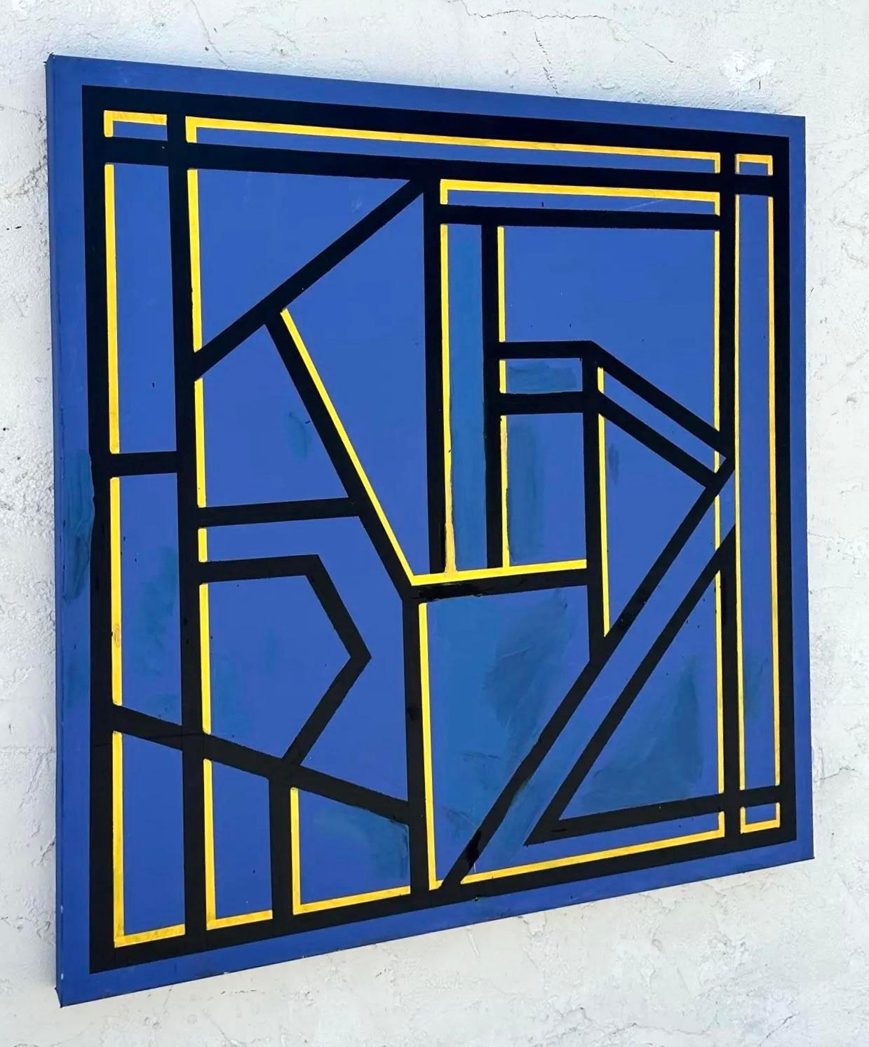 Vintage Boho Geometrische abstrakte Ölgemälde auf Leinwand (20. Jahrhundert) im Angebot