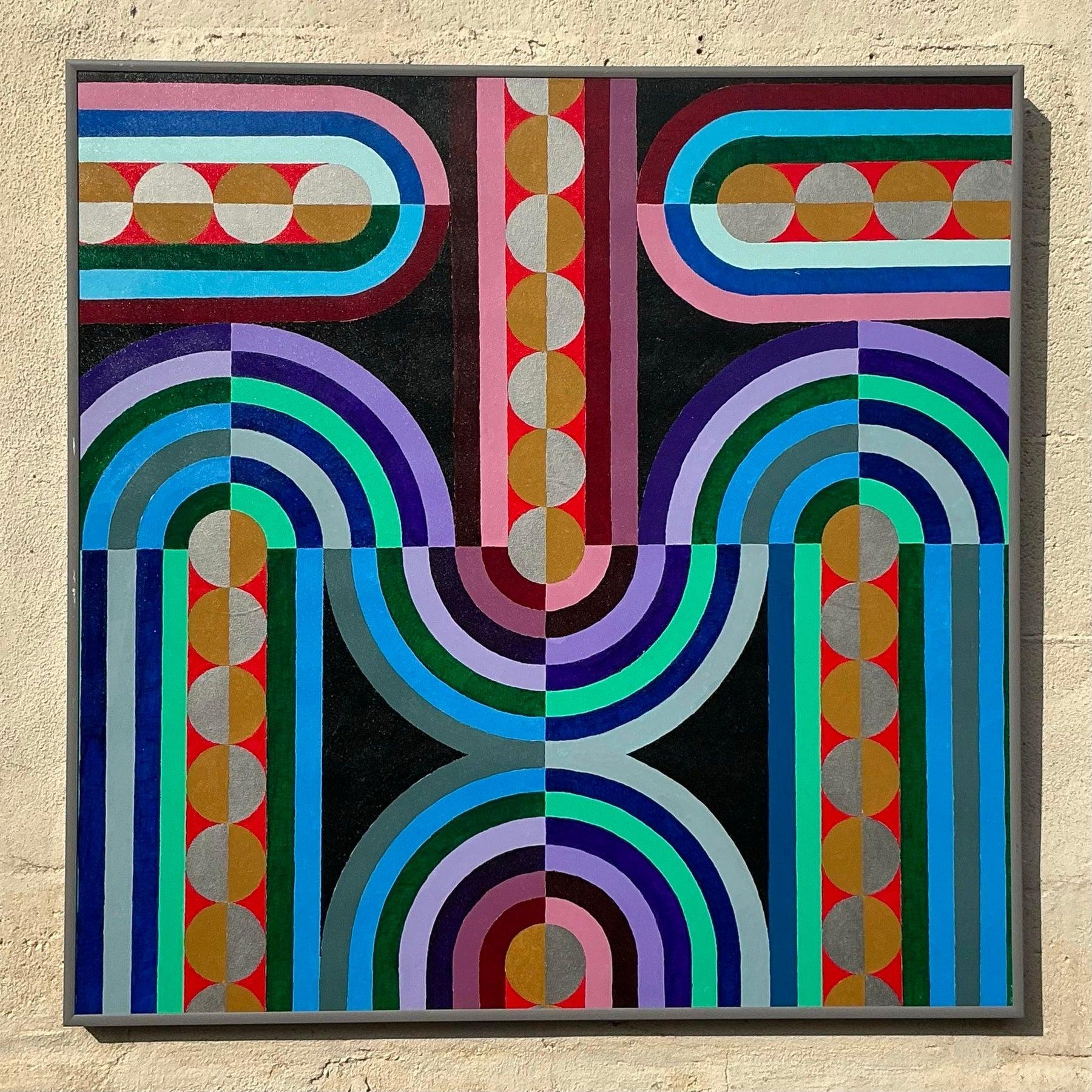 Vintage Boho Geometrische abstrakte Ölgemälde auf Leinwand (21. Jahrhundert und zeitgenössisch) im Angebot