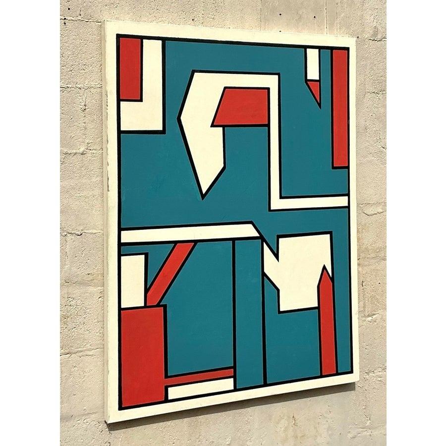 Vintage Boho Geometrische abstrakte Ölgemälde auf Leinwand (20. Jahrhundert) im Angebot