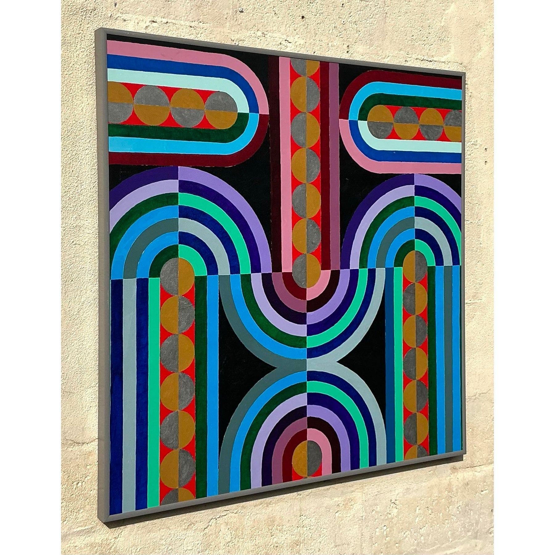 Vintage Boho Geometrische abstrakte Ölgemälde auf Leinwand im Angebot 1