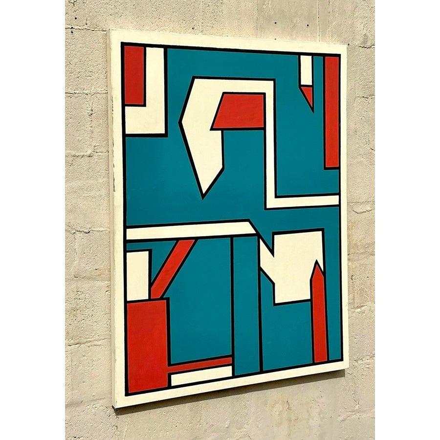 Vintage Boho Geometrische abstrakte Ölgemälde auf Leinwand im Angebot 1
