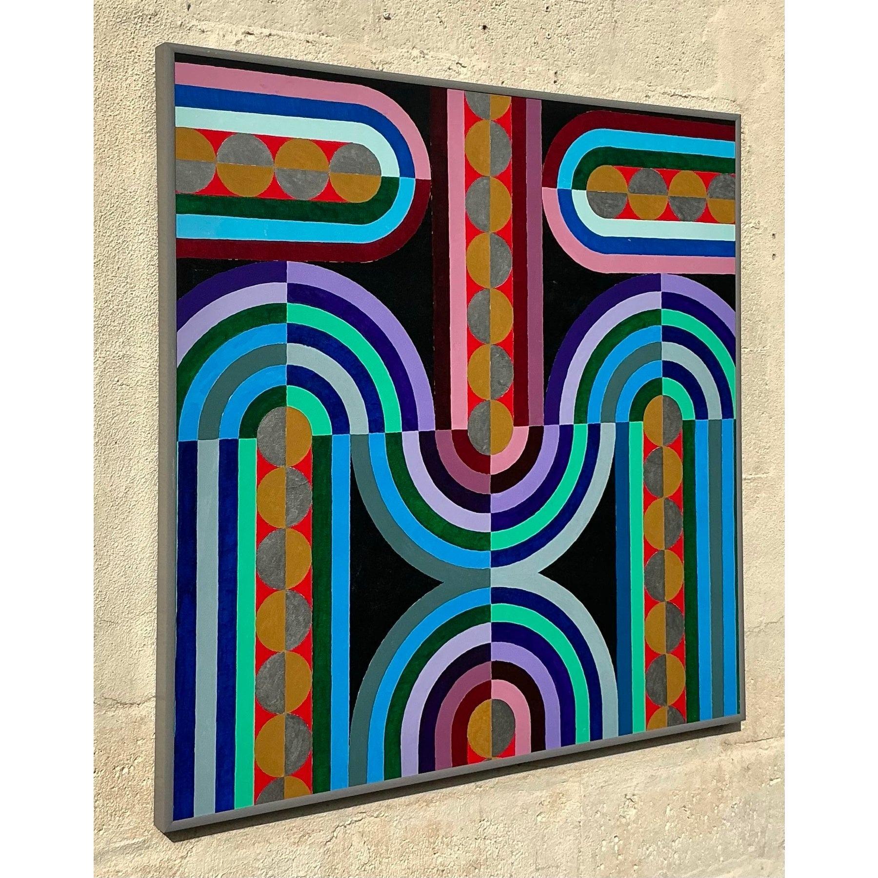 Vintage Boho Geometrische abstrakte Ölgemälde auf Leinwand im Angebot 2