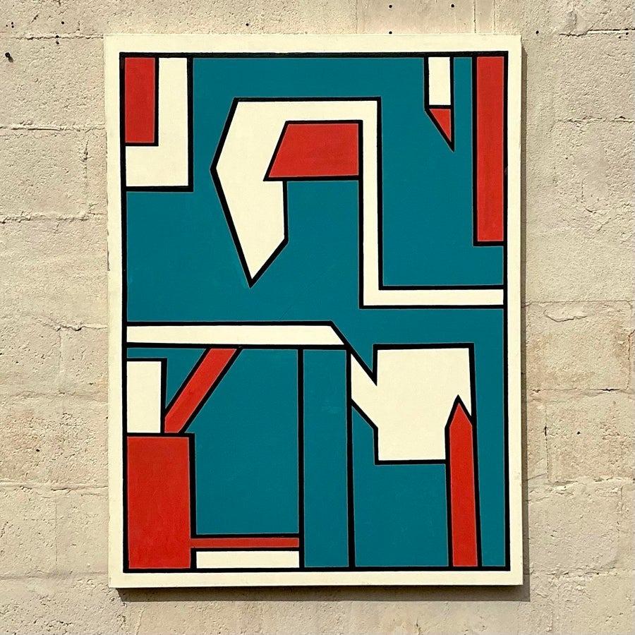 Vintage Boho Geometrische abstrakte Ölgemälde auf Leinwand im Angebot 2