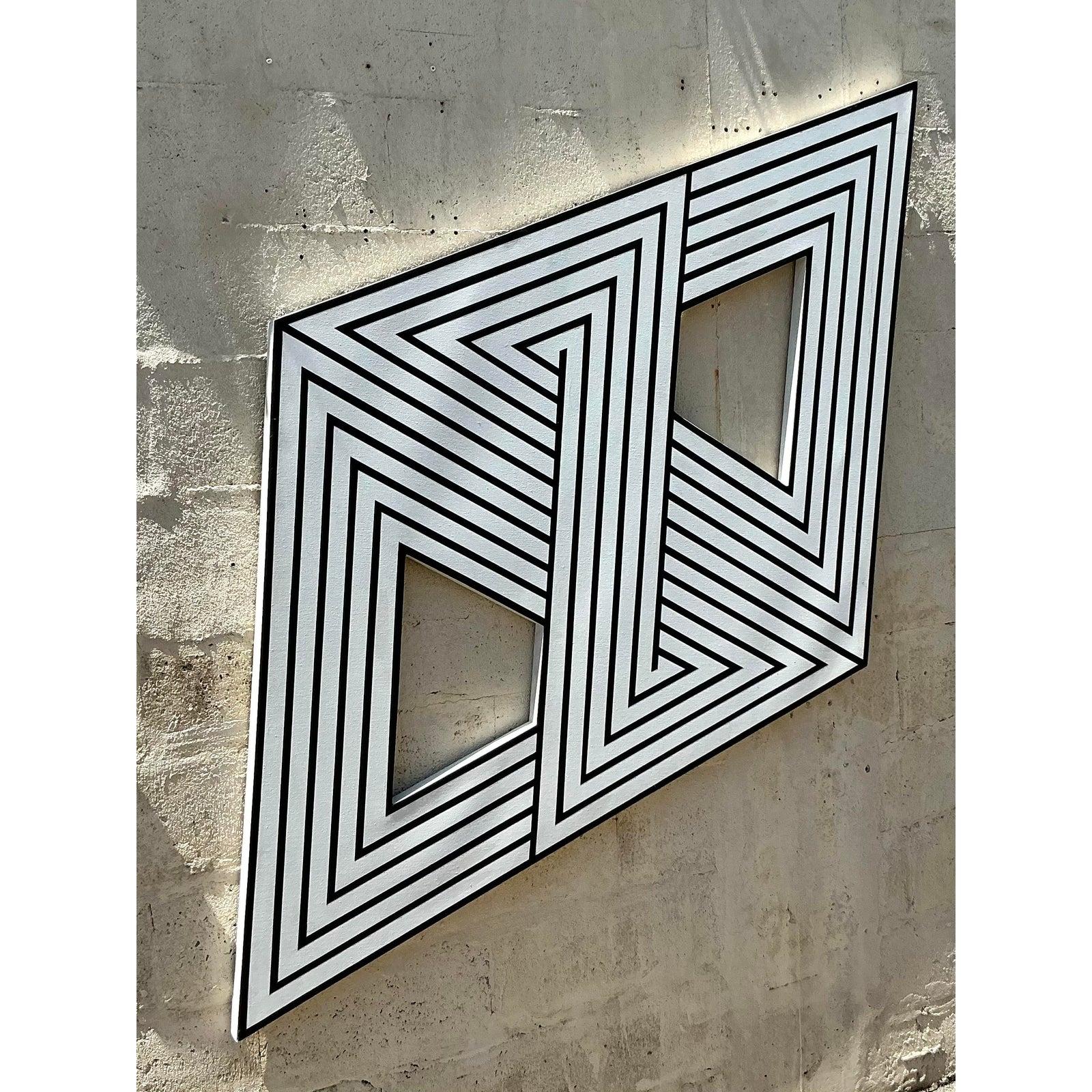 Vintage Boho Geometrisch Abstrakt auf Leinwand im Zustand „Gut“ im Angebot in West Palm Beach, FL