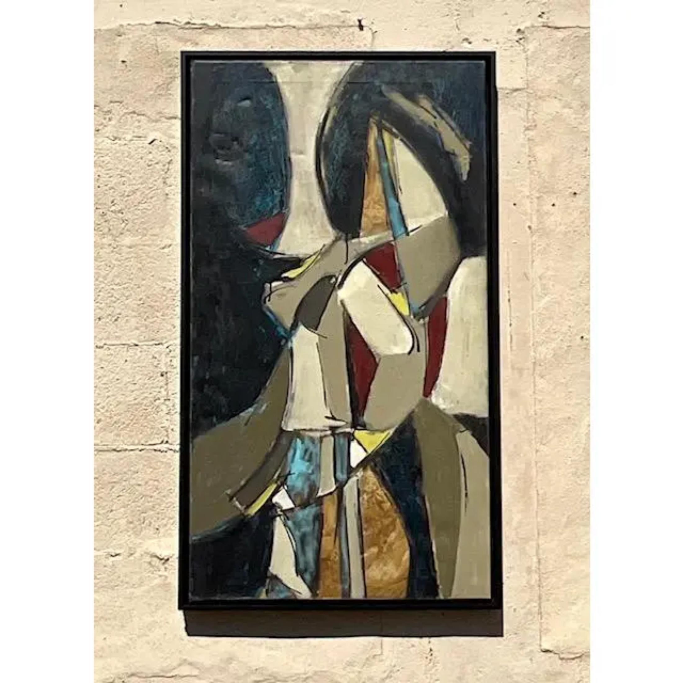 A fabulous vintage original oil painting on canvas. A chic Abstract composition with a geometric design. Coordinating painting also available on my Chairish page. See pics for second painting. Signed by the artist. Acquired from a Miami estate.