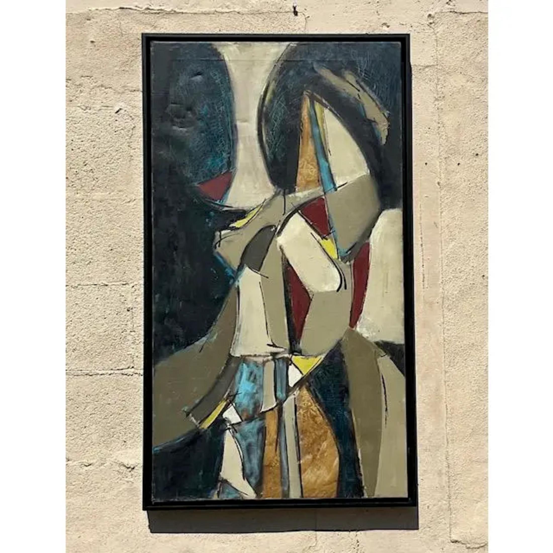 American Vintage Boho Geometric Abstract Signed Original Oil on Canvas For Sale