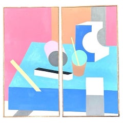 Vintage Boho Geometric Abstract Still Life Oil on Canvas - Set of Two