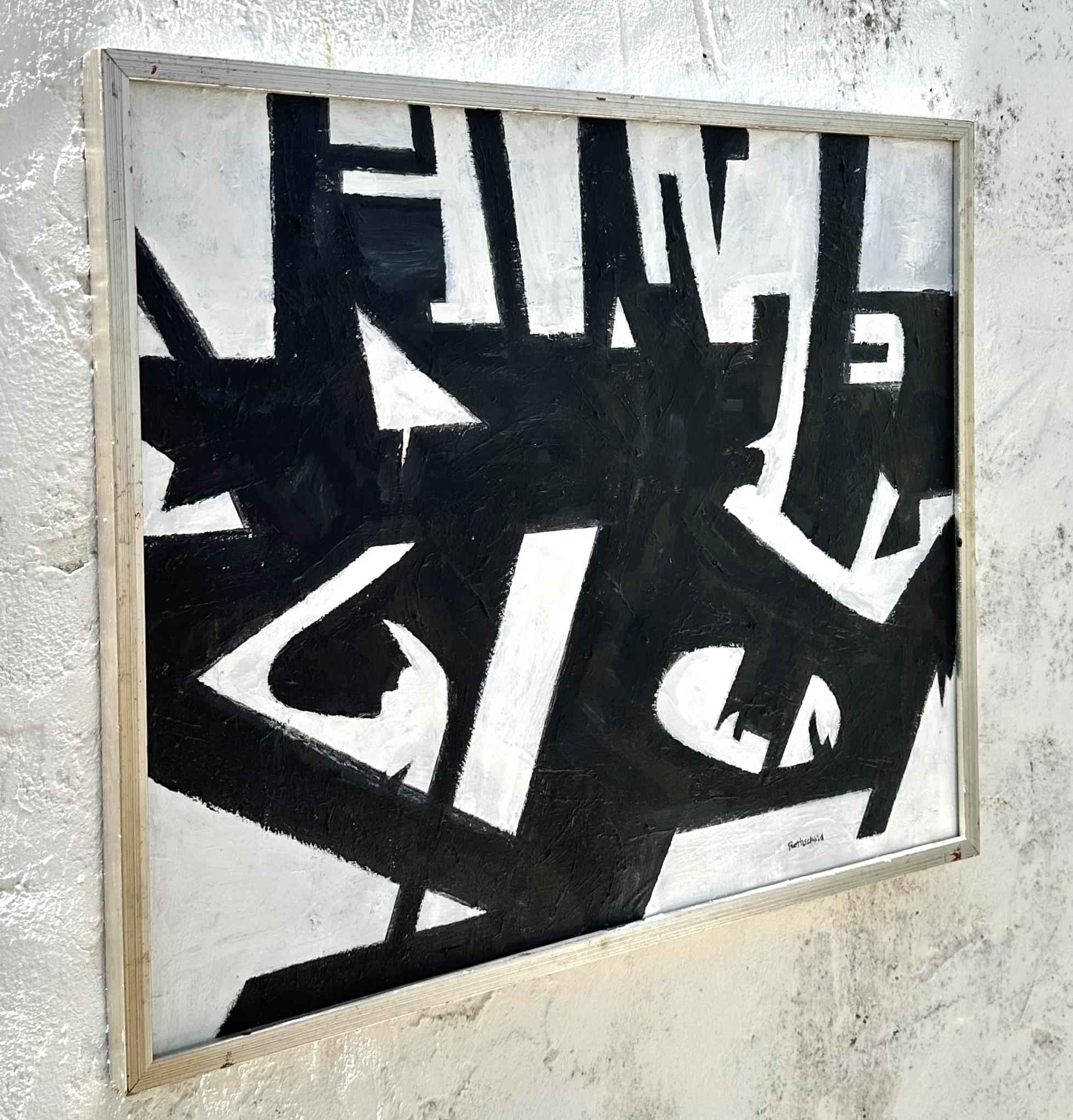 Bringen Sie einen Hauch von klassischer Eleganz mit diesem Gemälde im amerikanischen Vintage-Stil, Schwarz-Weiß-Farbe auf Holz. Die auffällige monochrome Farbpalette und das zeitlose Design fangen die Essenz der Vintage-Kunst ein und machen sie zu