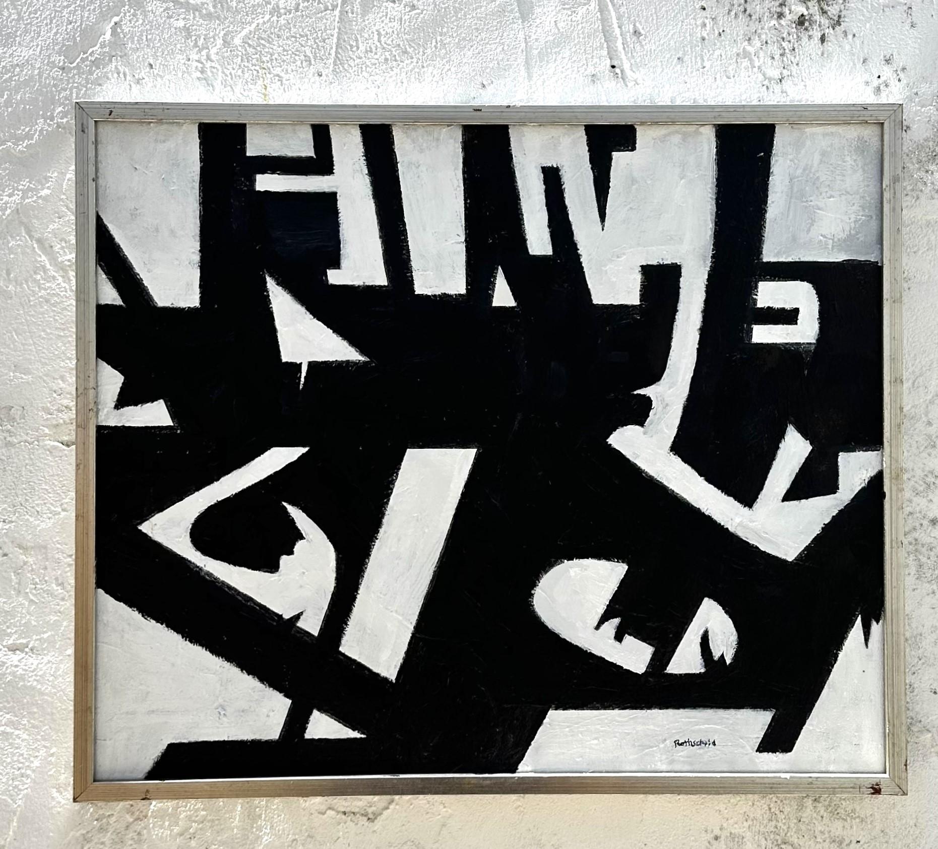 Vintage Boho Geometric Original Ölgemälde auf Leinwand (20. Jahrhundert) im Angebot