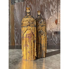 Vintage Boho Gilt Carved Wood Santos Figured - a Pair