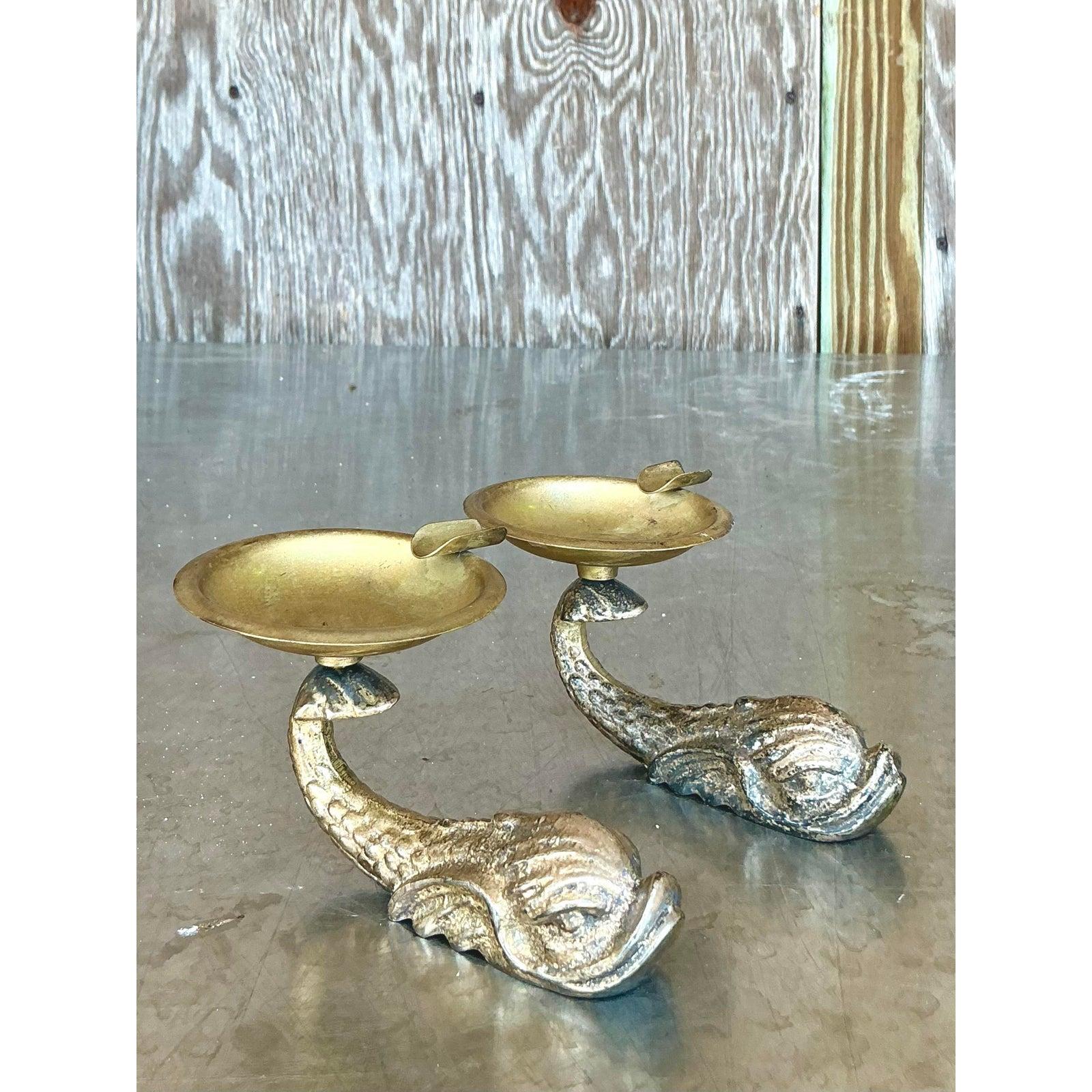 Hollywood Regency Vintage Boho Gilt Dolphin Petite Ashtrays - Set of 2 For Sale