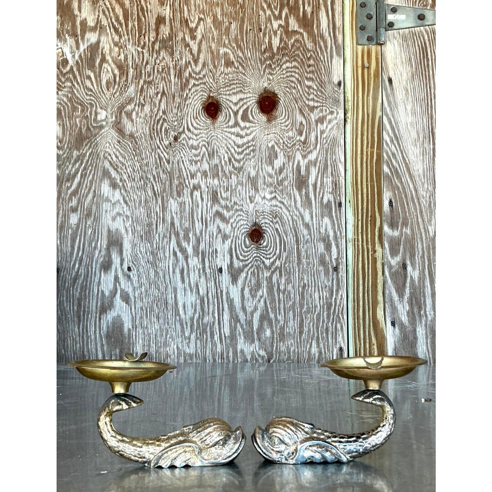 American Vintage Boho Gilt Dolphin Petite Ashtrays - Set of 2 For Sale