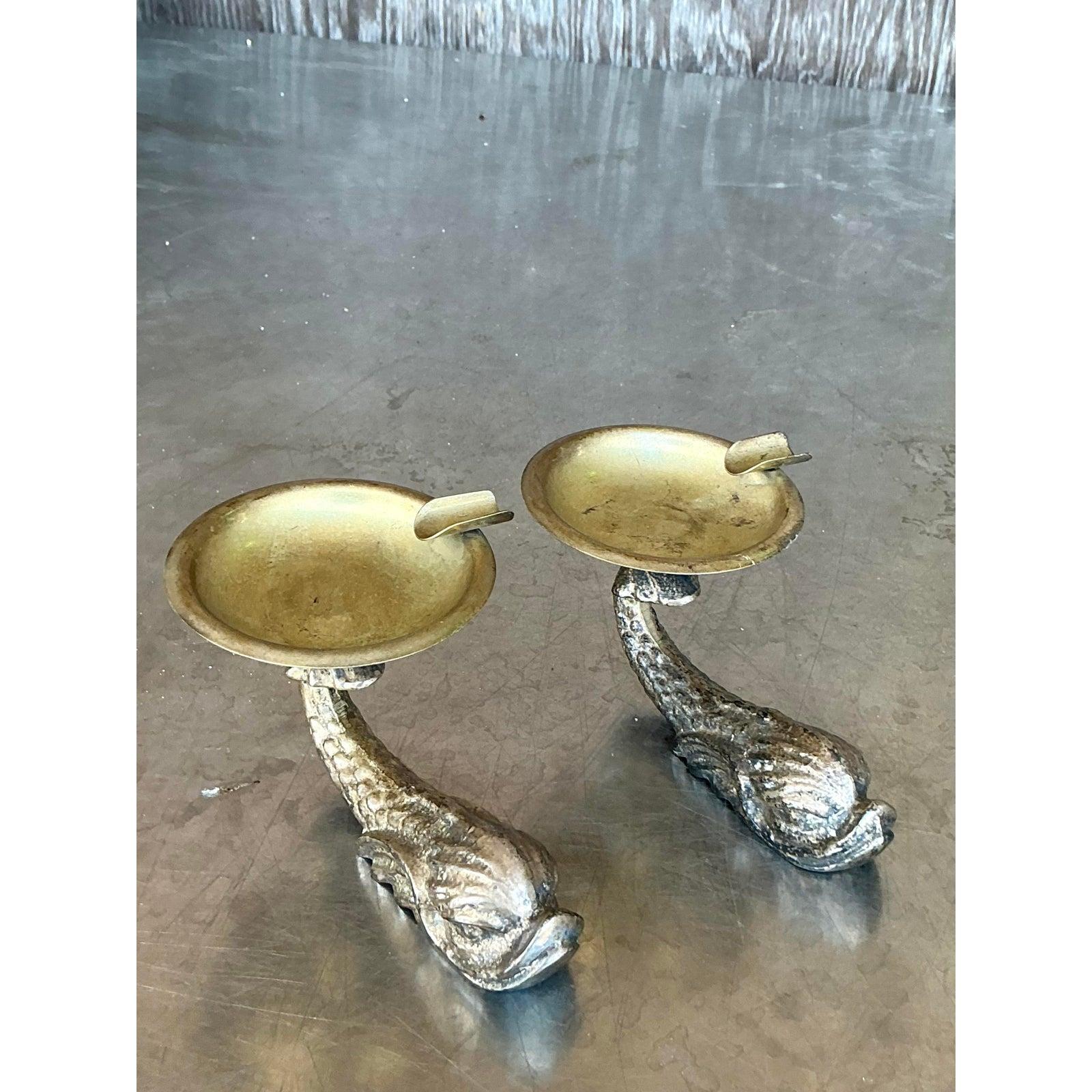 Vintage Boho Gilt Dolphin Petite Ashtrays - Set of 2 In Good Condition For Sale In west palm beach, FL