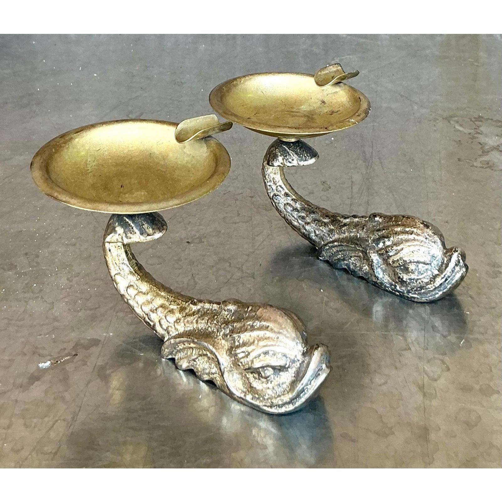 20th Century Vintage Boho Gilt Dolphin Petite Ashtrays - Set of 2 For Sale