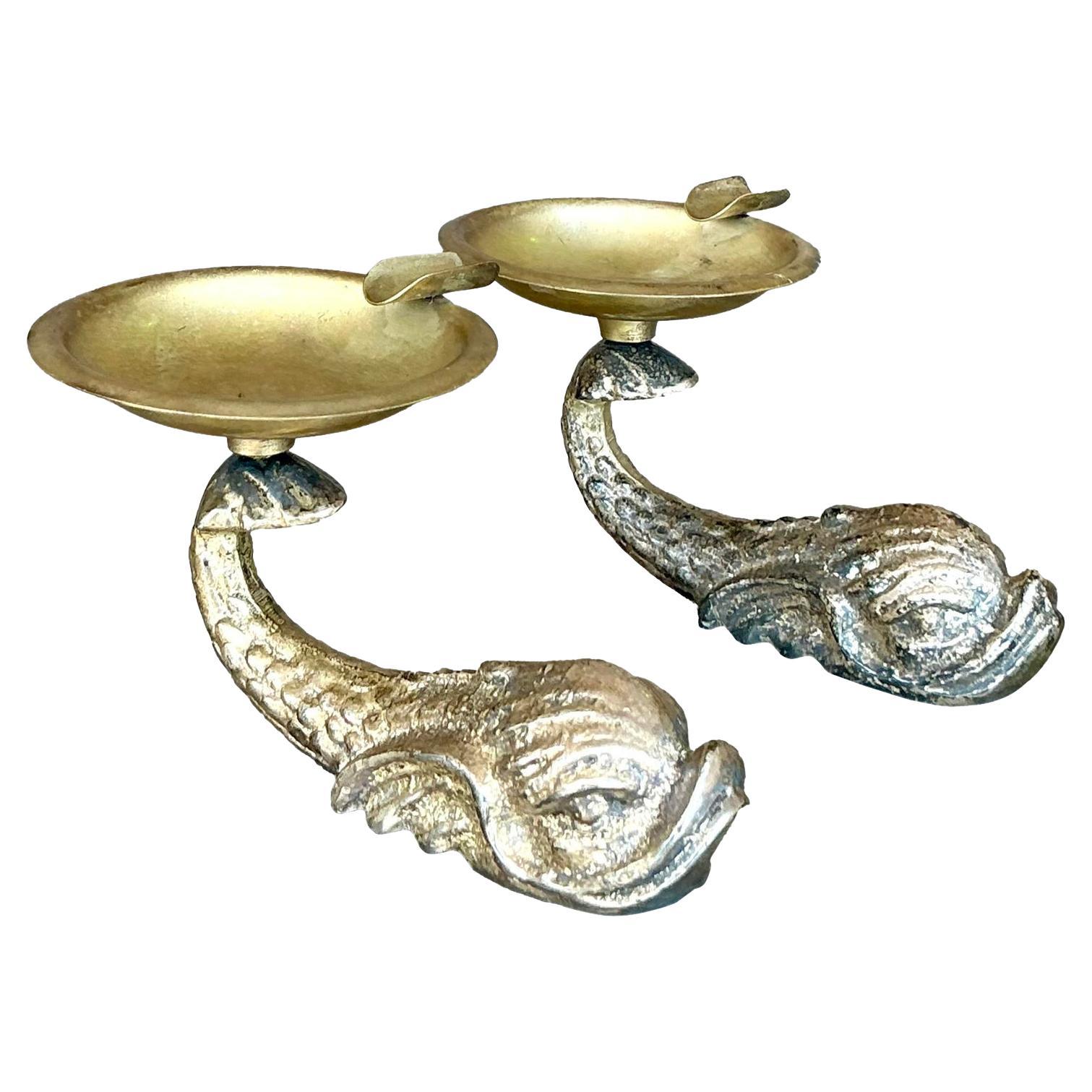 Vintage Boho Gilt Dolphin Petite Ashtrays - Set of 2 For Sale