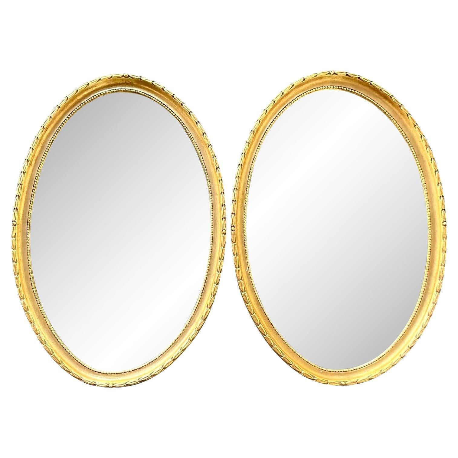 Vintage Boho Gilt Laurel Leaf Oval Mirror - A Pair