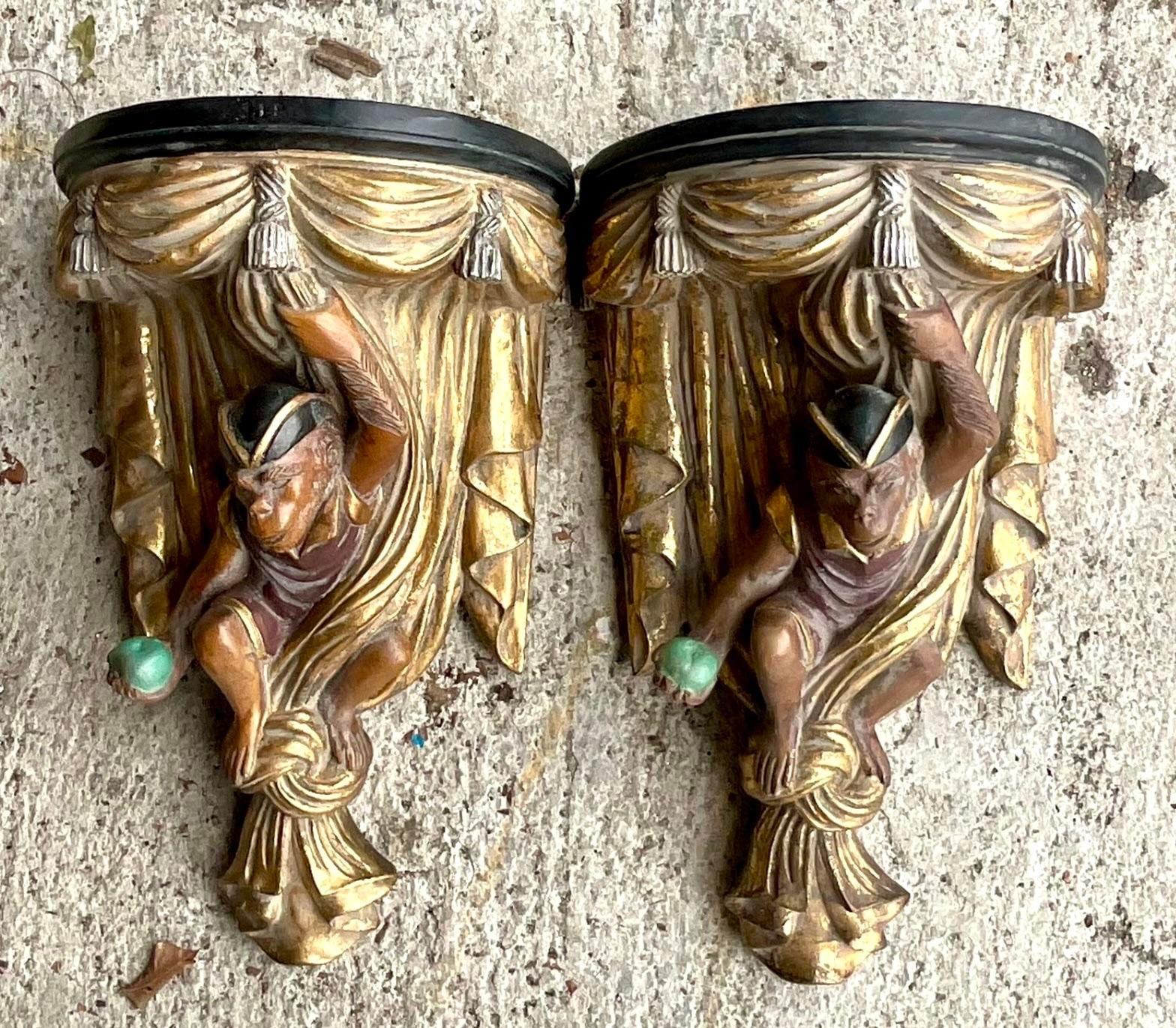 Vintage Boho Gilt Monkey Brackets - a Pair In Good Condition For Sale In west palm beach, FL