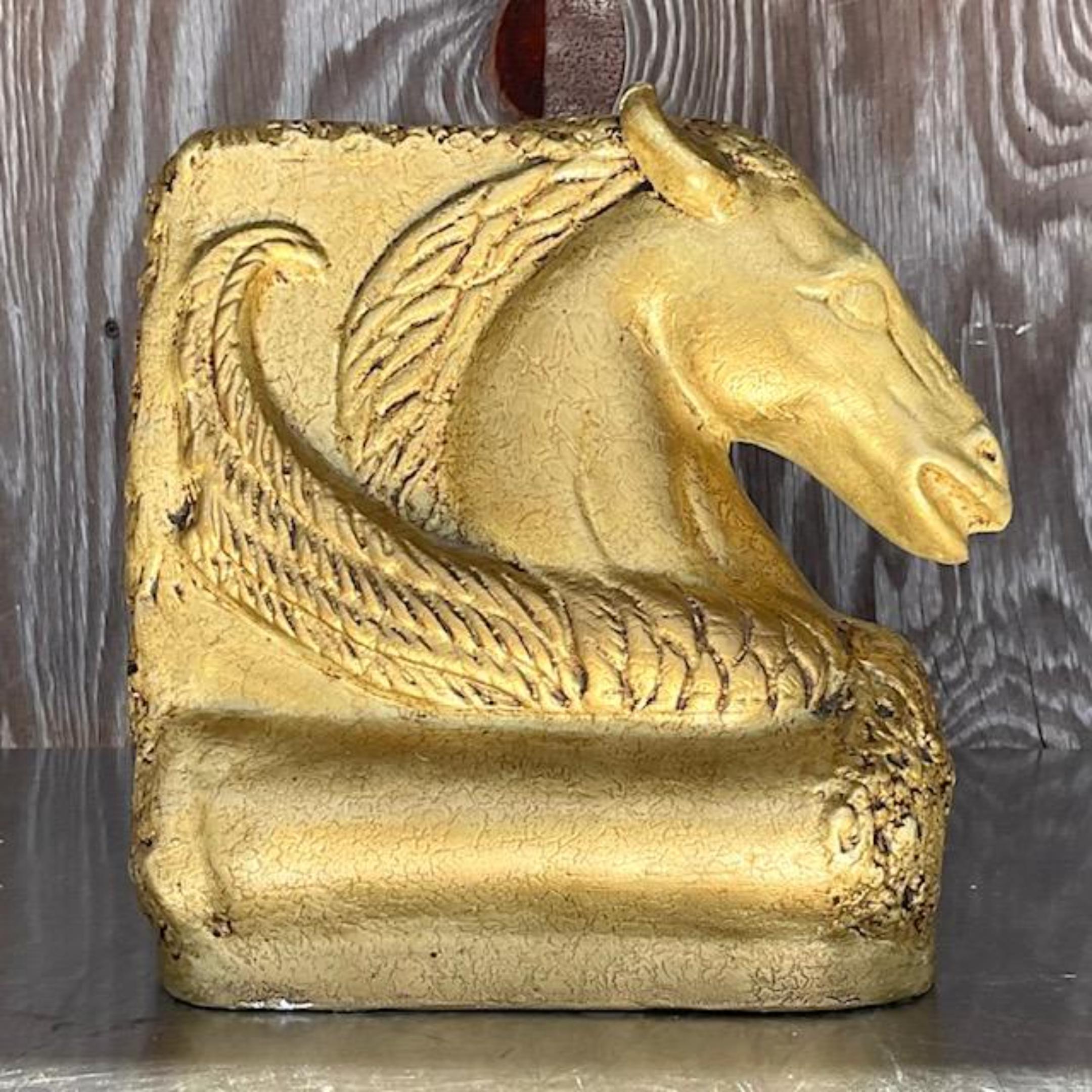 Vintage Boho Gilt Plaster Winged Horse In Good Condition For Sale In west palm beach, FL