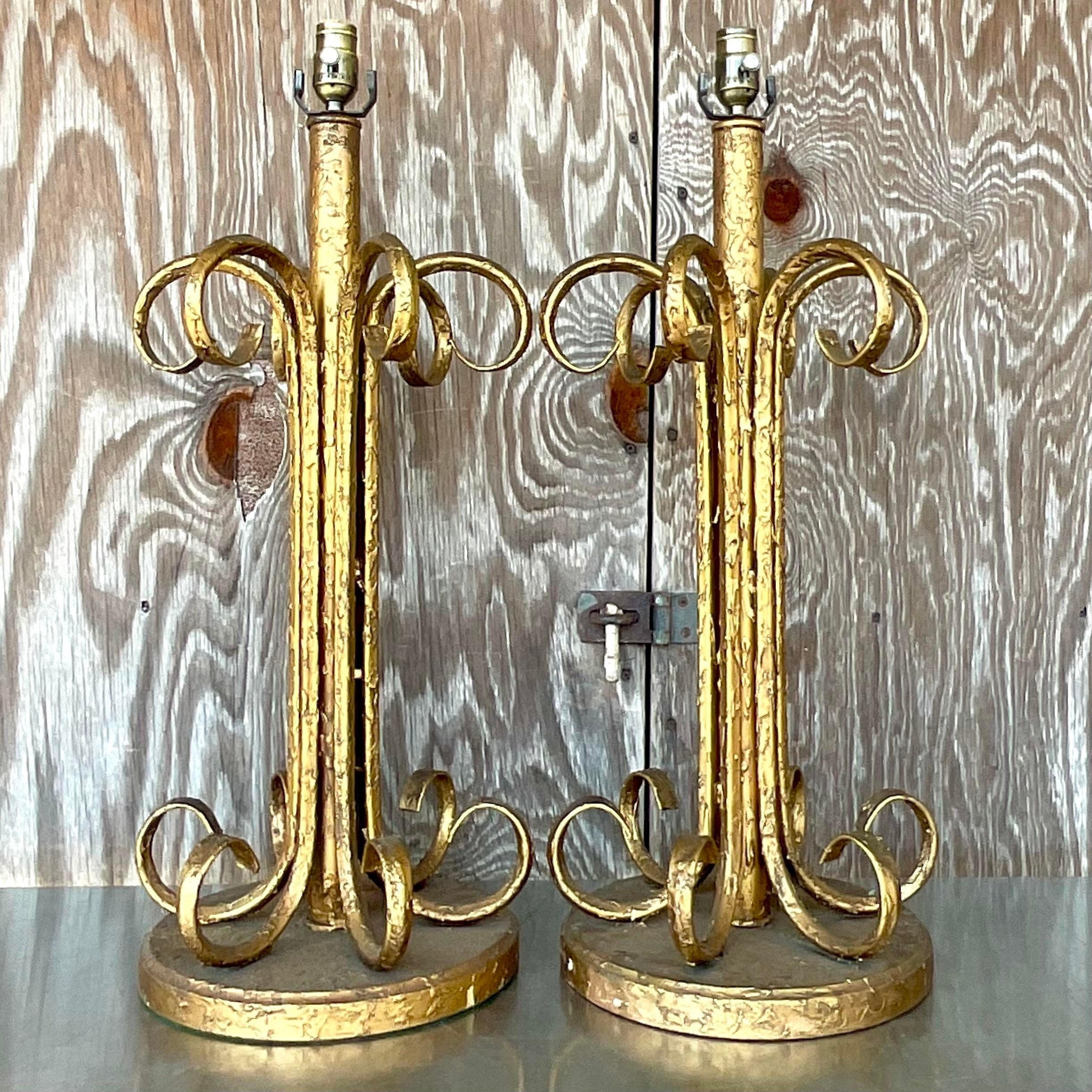 20th Century Vintage Boho Gilt Scroll Lamps - a Pair For Sale