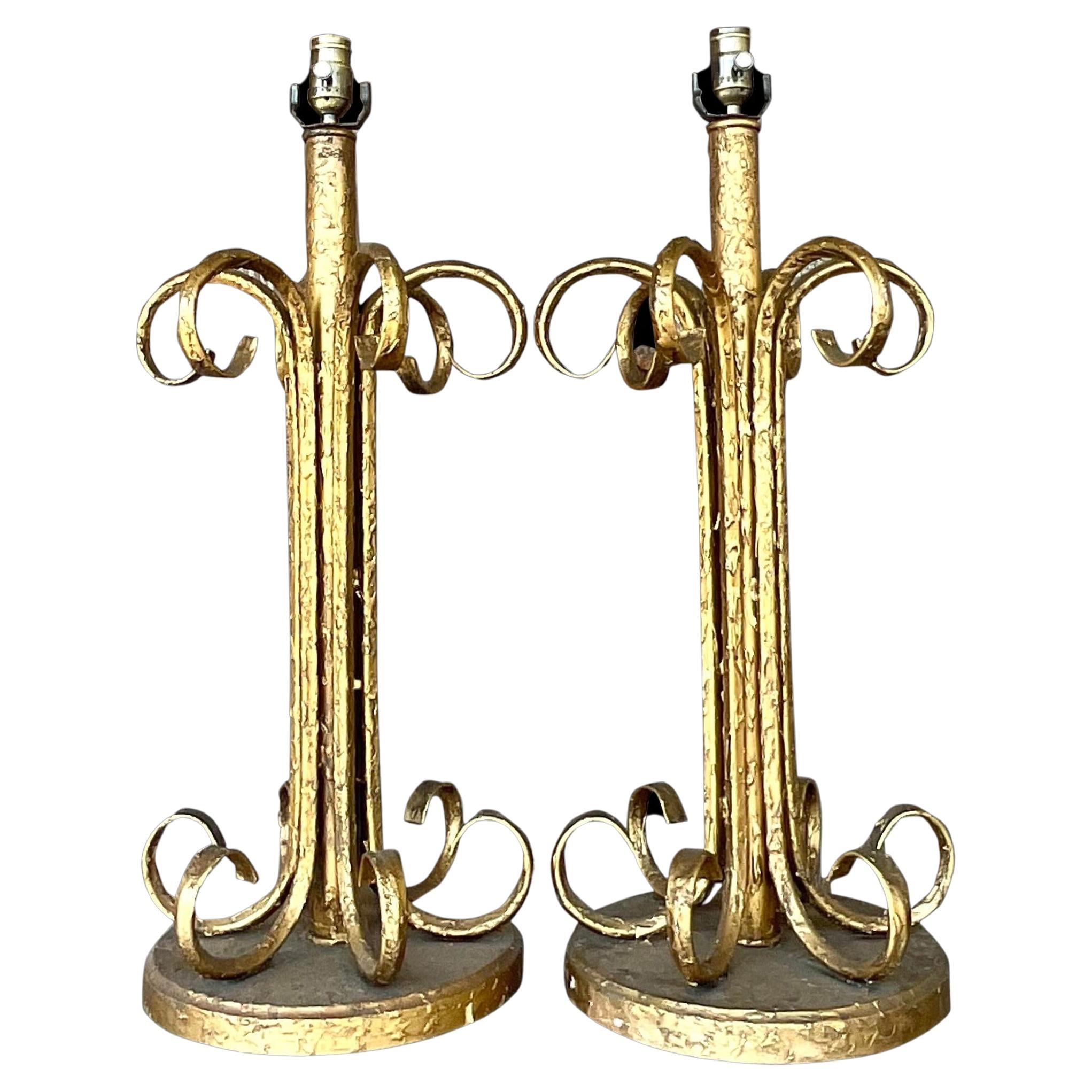 Vintage Boho Gilt Scroll Lamps - a Pair For Sale