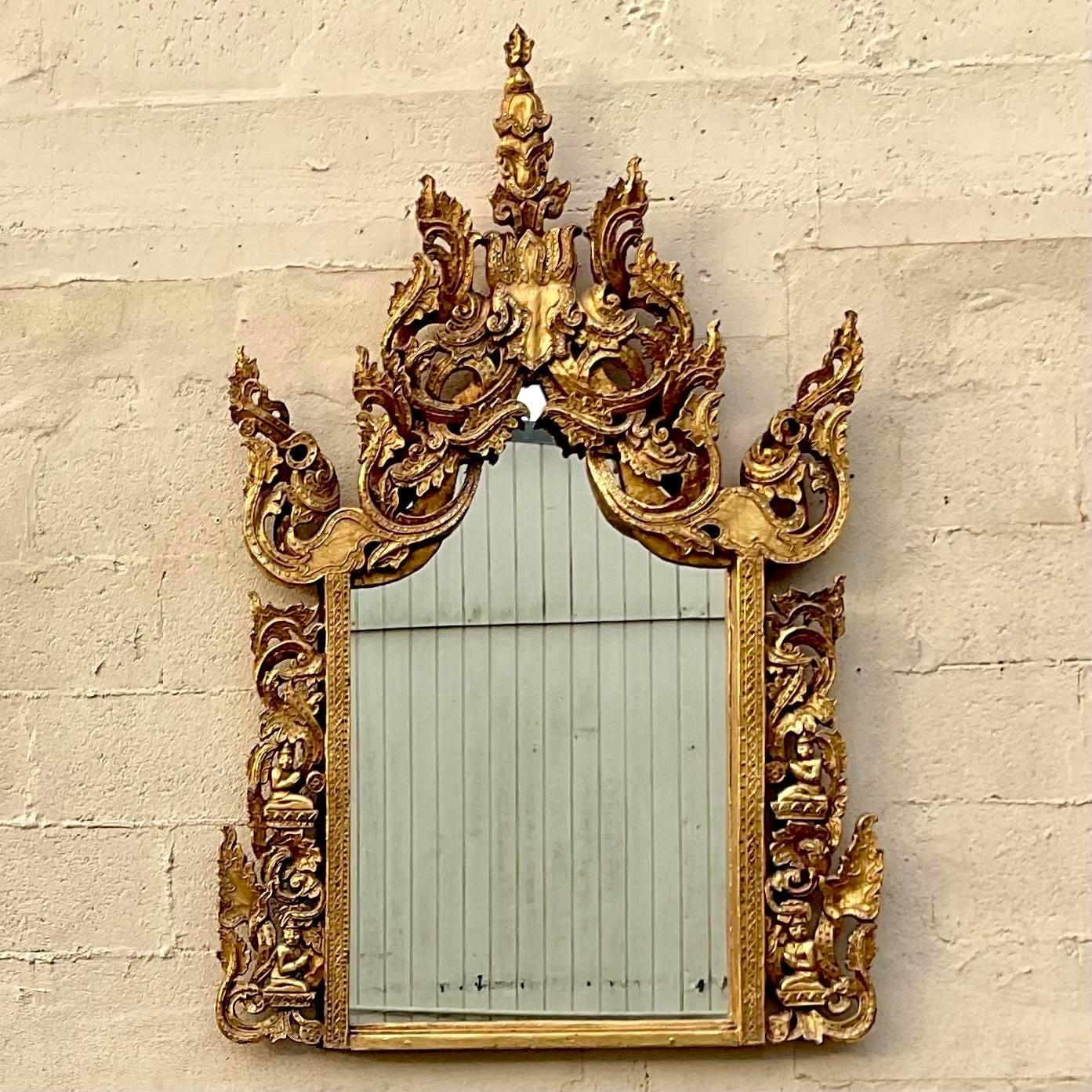 Vintage Boho Gilt Temple Mirror In Good Condition For Sale In west palm beach, FL