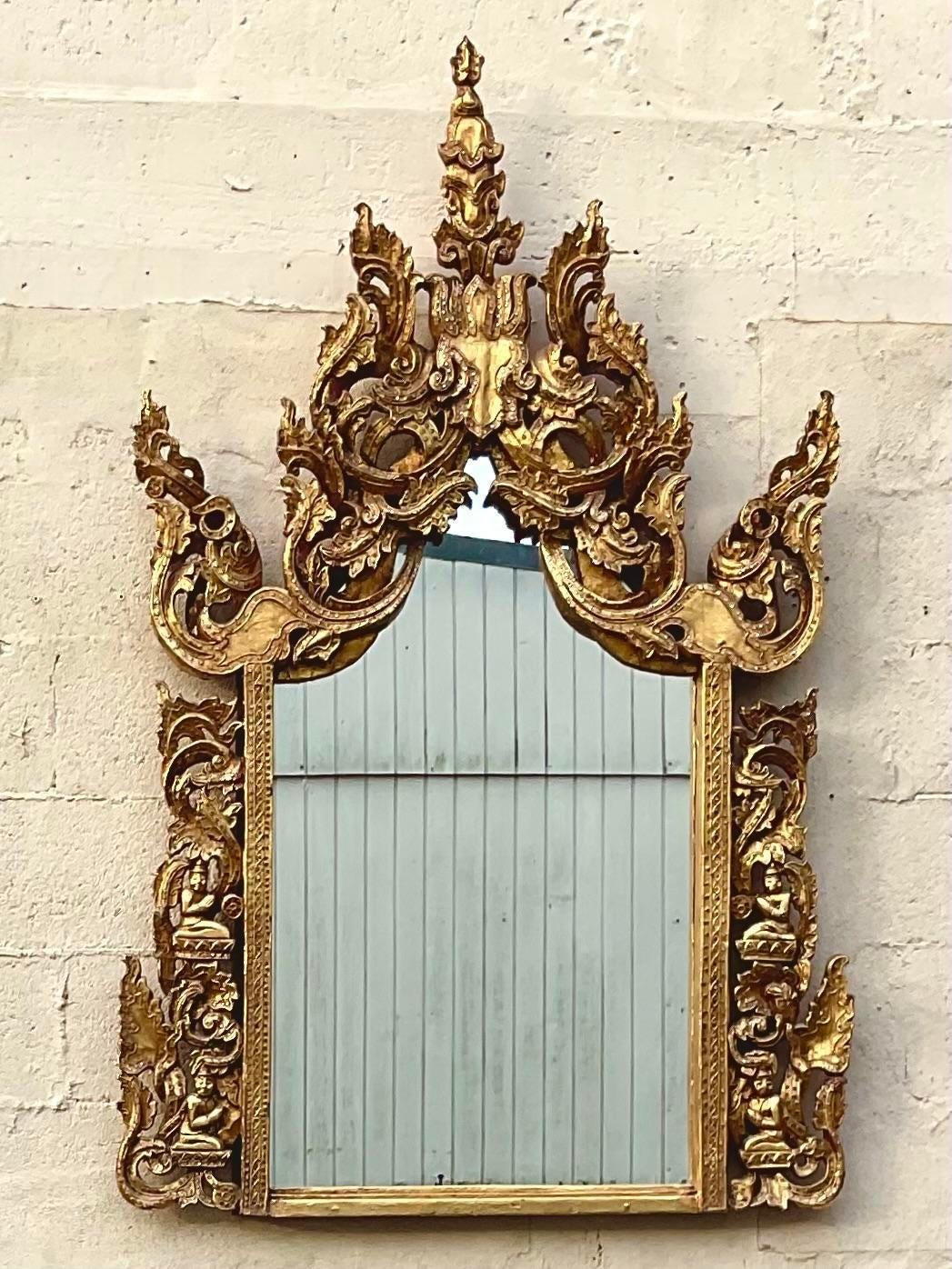 20th Century Vintage Boho Gilt Temple Mirror For Sale