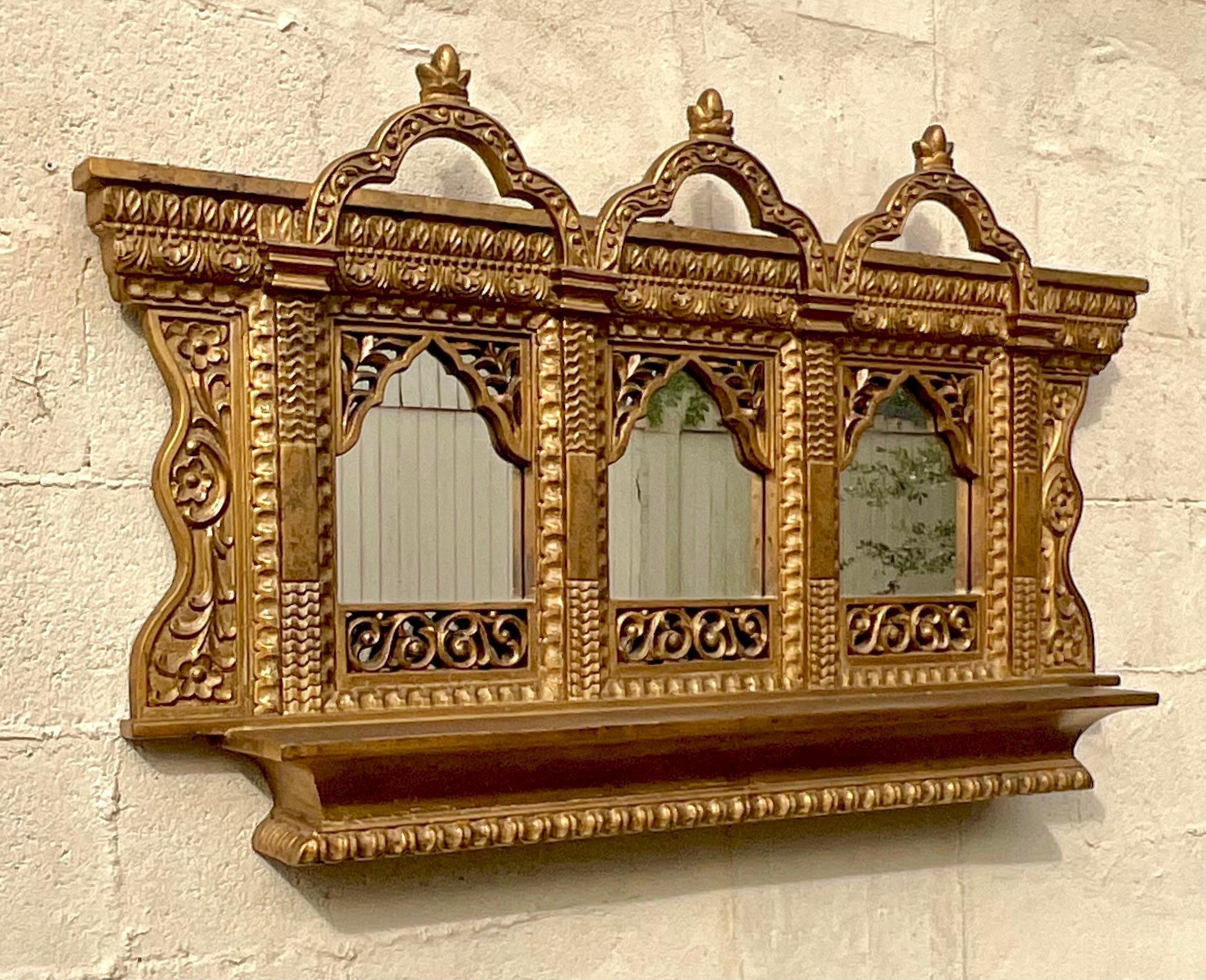 American Vintage Boho Gilt Temple Wall Mirror For Sale