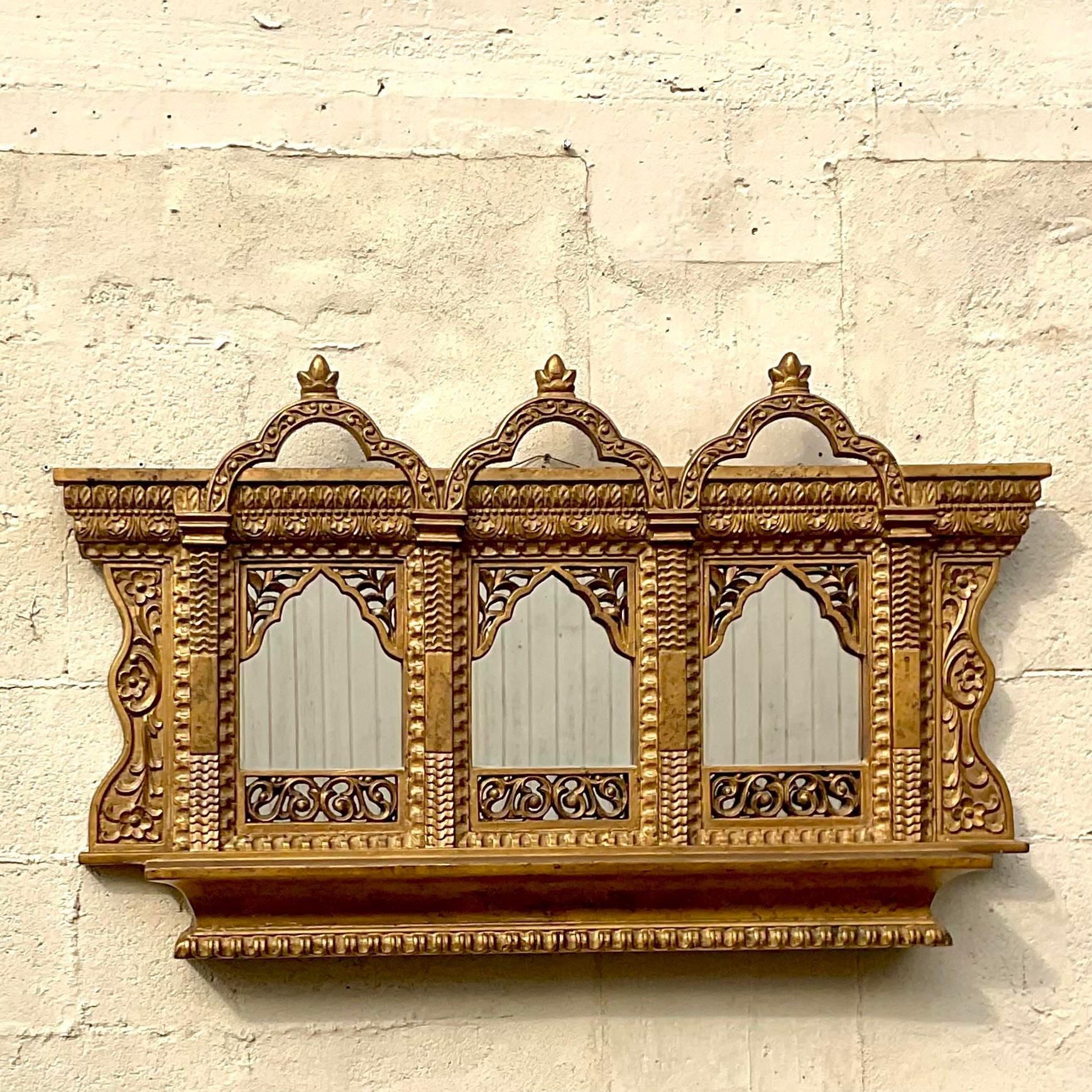 Vintage Boho Gilt Temple Wall Mirror In Good Condition For Sale In west palm beach, FL