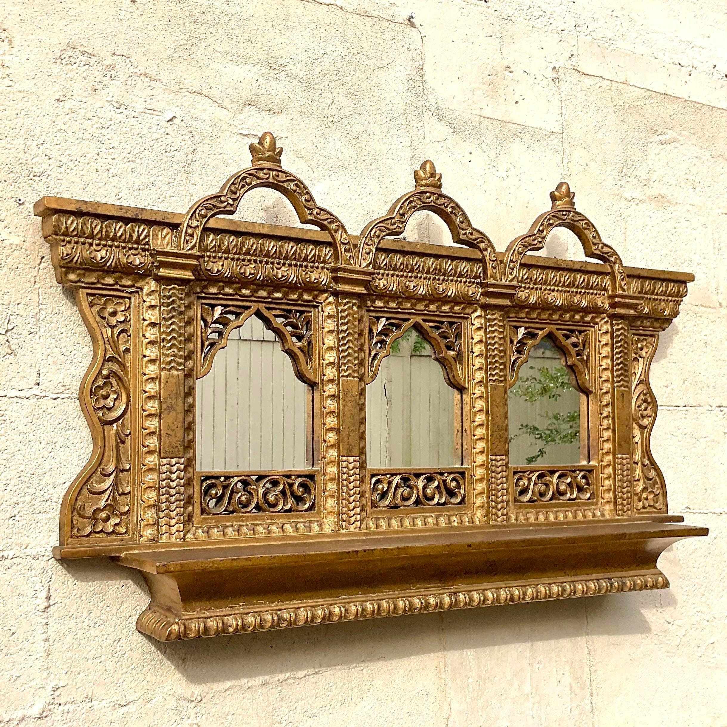 Wood Vintage Boho Gilt Temple Wall Mirror For Sale