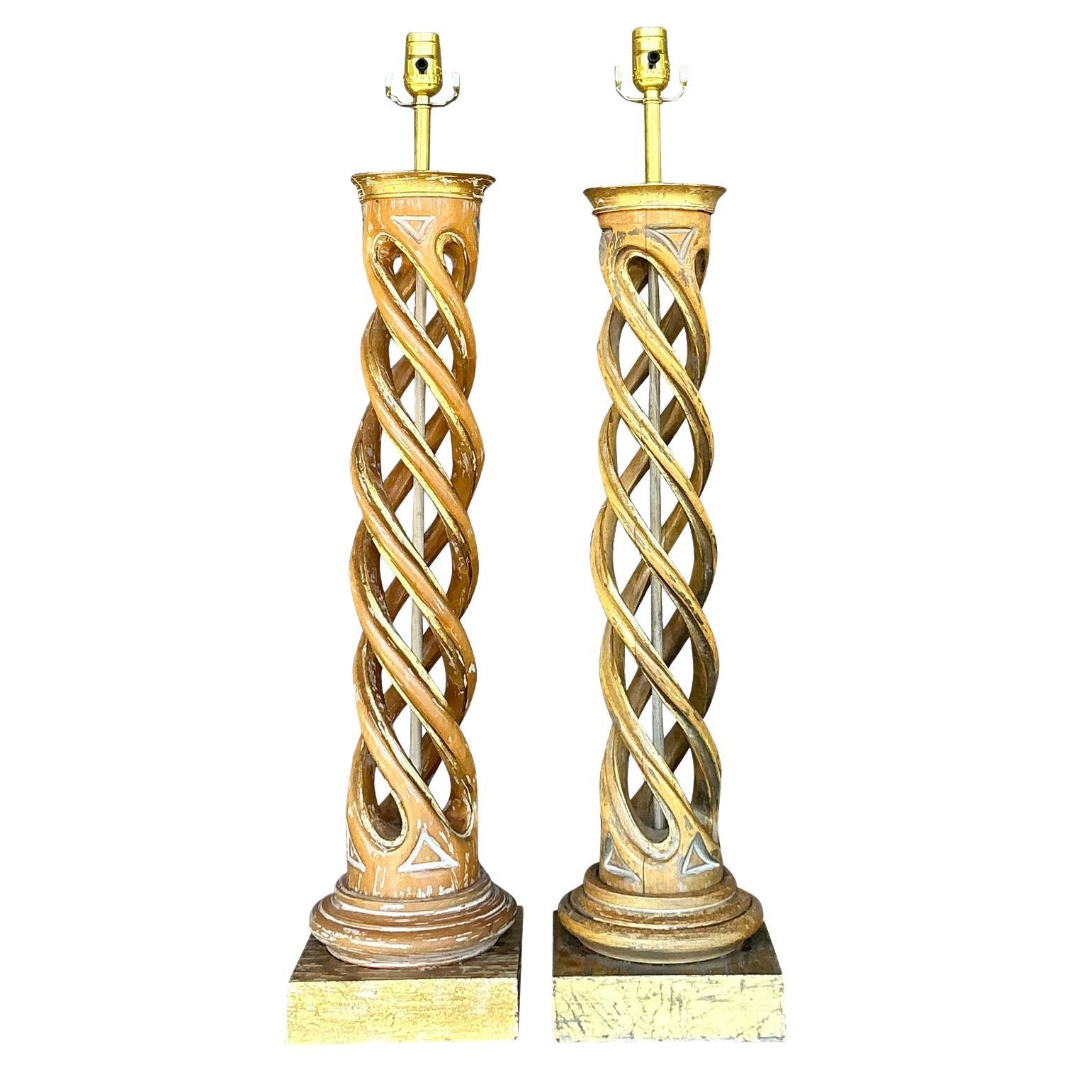 Vintage Boho Gilt Tipped Twist Lamps - A Pair