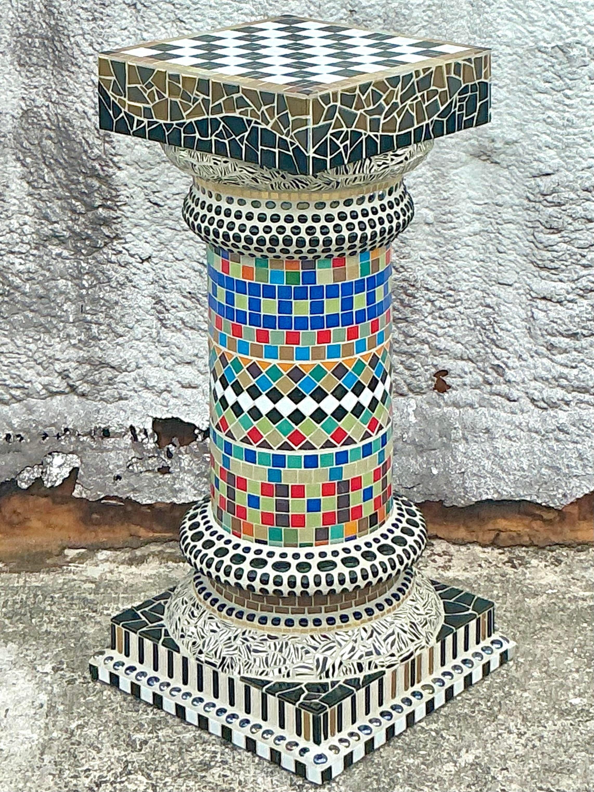 Vintage Boho Glass Mosaic Pedestal In Good Condition For Sale In west palm beach, FL