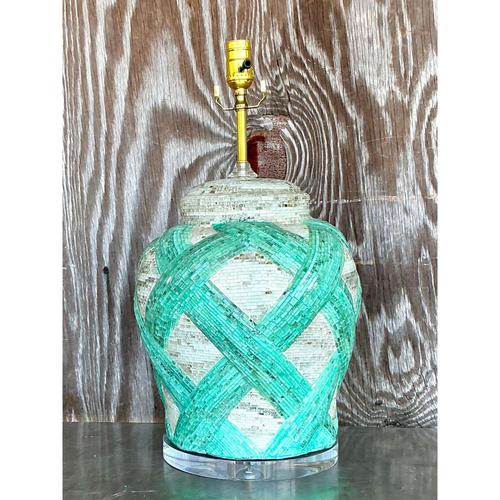 Mid-Century Modern Vintage Boho Glass Mosaic Tile Trellis Lamp For Sale