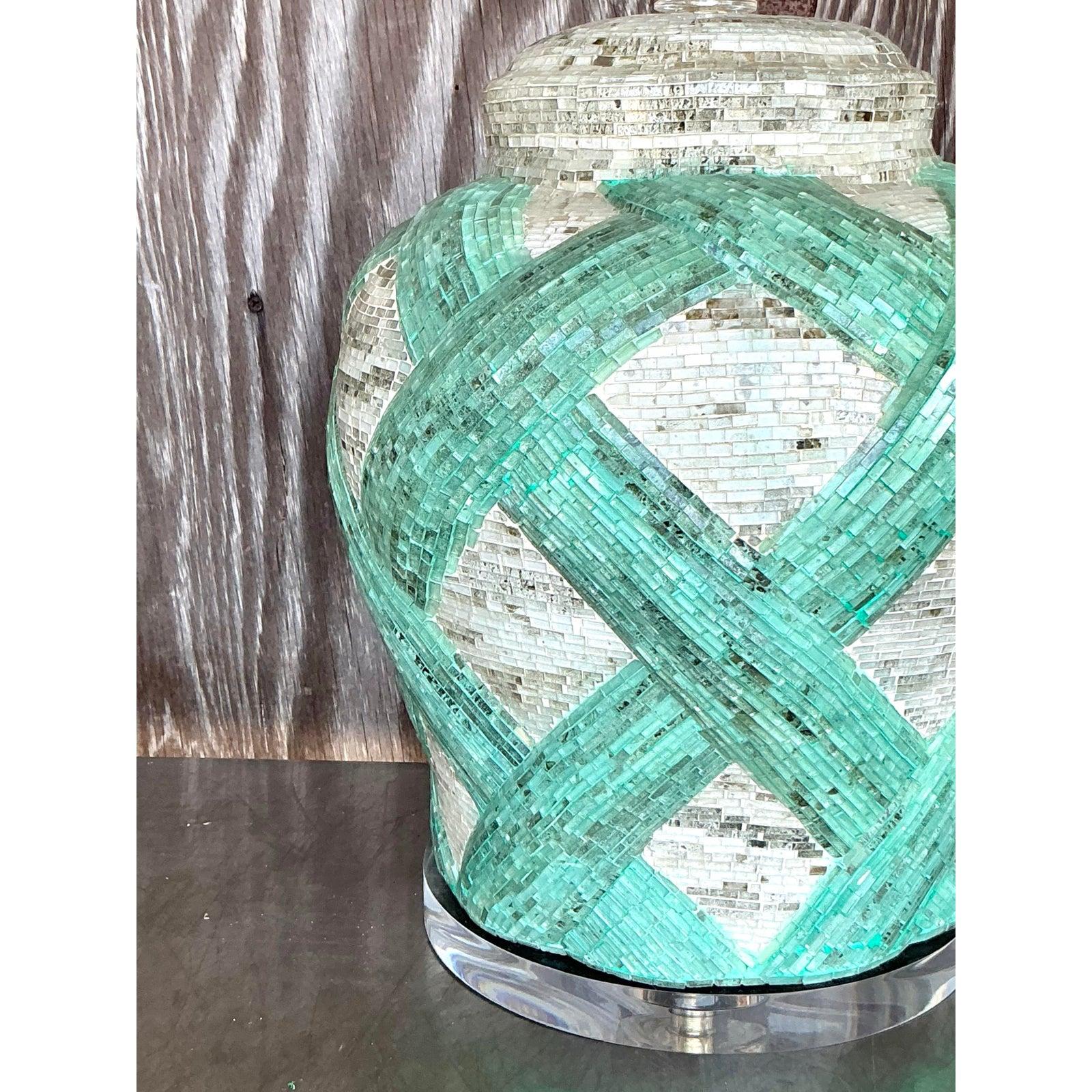 Vintage Boho Glass Mosaic Tile Trellis Lamp In Good Condition For Sale In west palm beach, FL