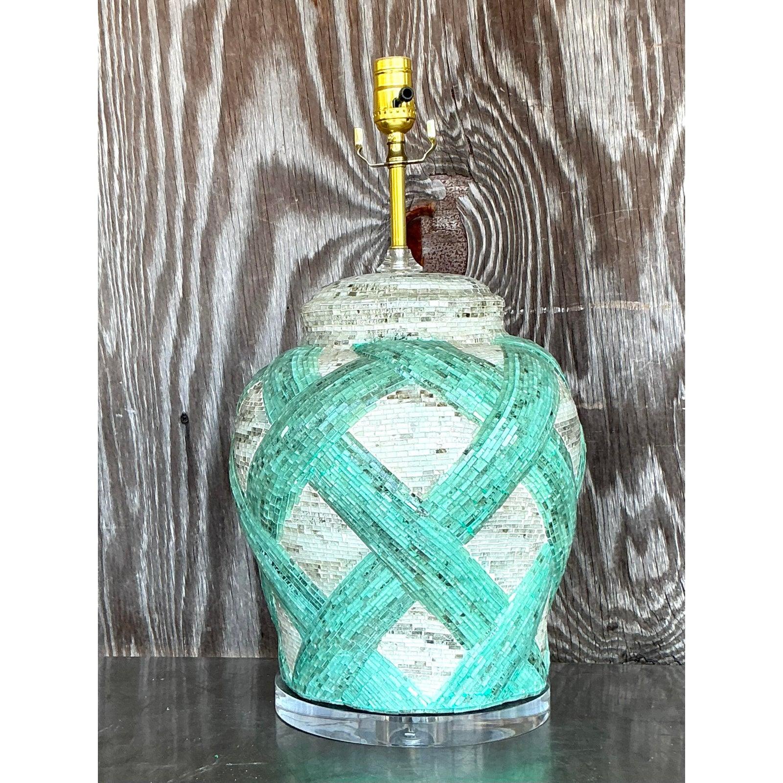 Brass Vintage Boho Glass Mosaic Tile Trellis Lamp For Sale