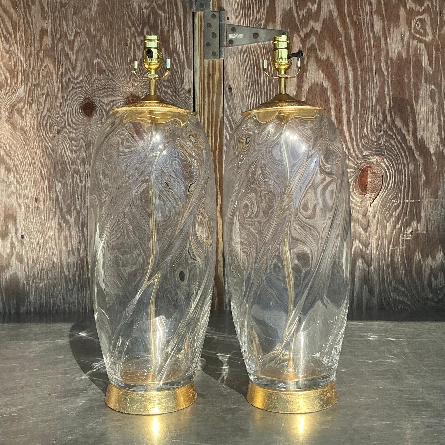 American Vintage Boho Glass Swirl Lamps - a Pair For Sale