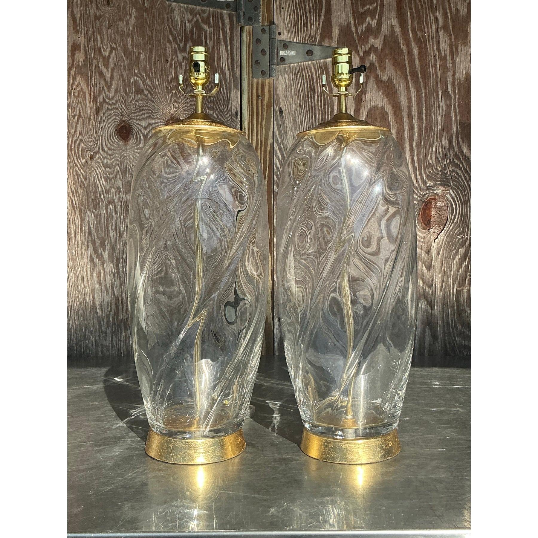 Metal Vintage Boho Glass Swirl Lamps - a Pair For Sale