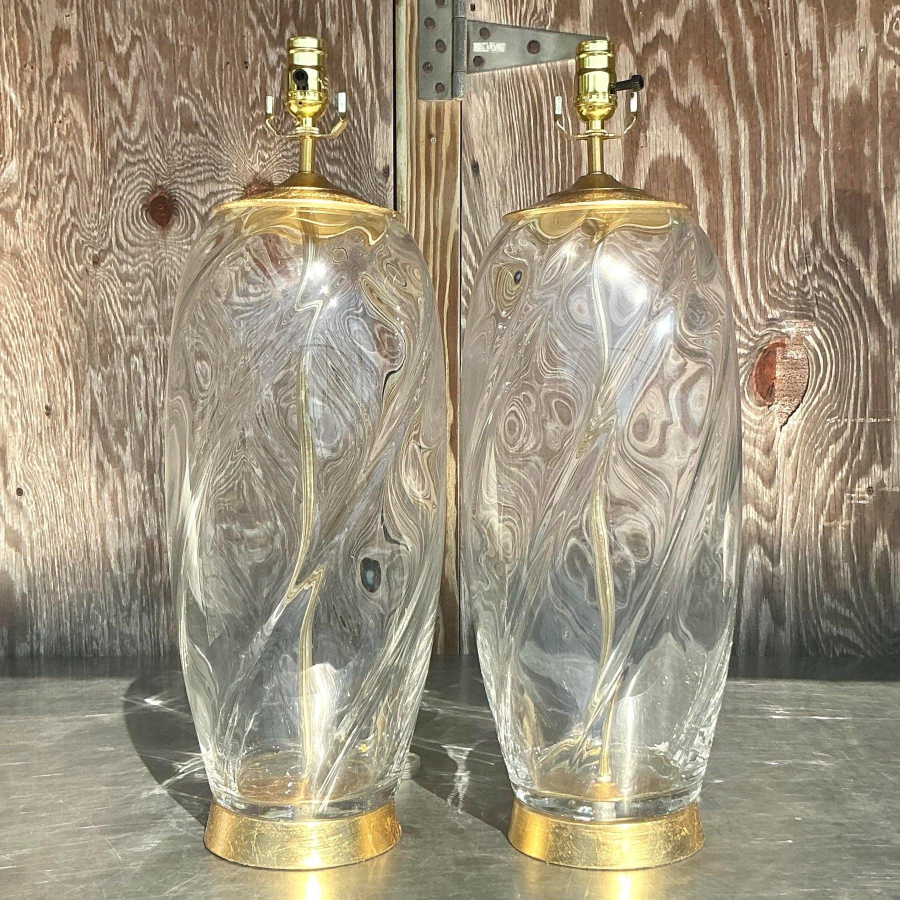 Vintage Boho Glass Swirl Lamps - a Pair For Sale 1