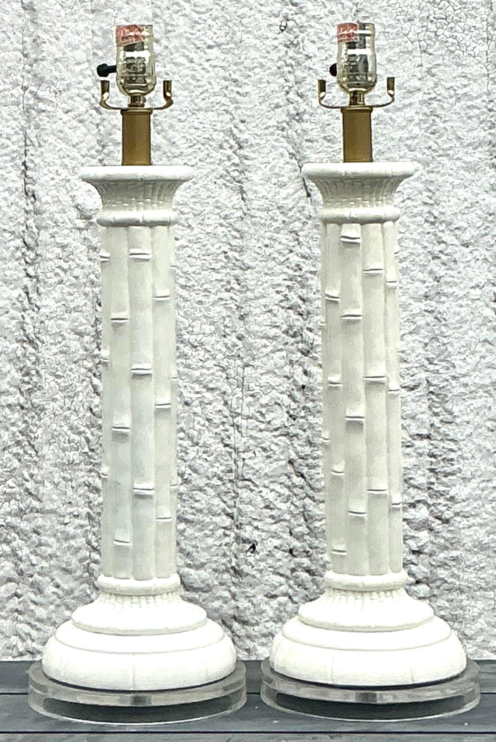 Américain Paire de lampes bohème vintage en céramique émaillée en bambou en vente