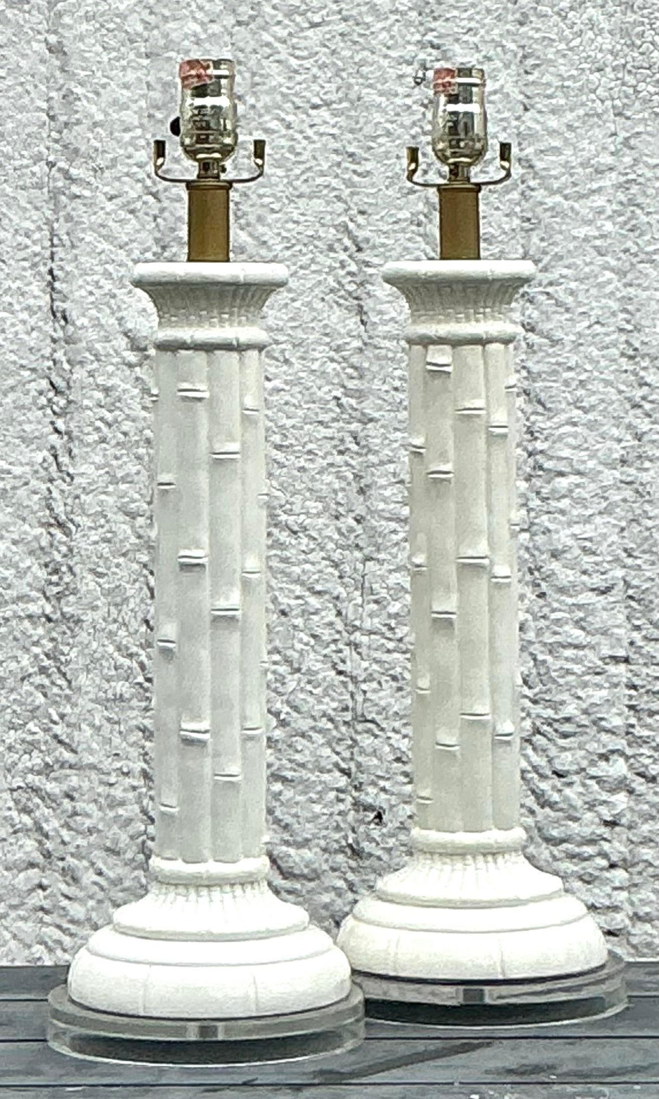 20ième siècle Paire de lampes bohème vintage en céramique émaillée en bambou en vente