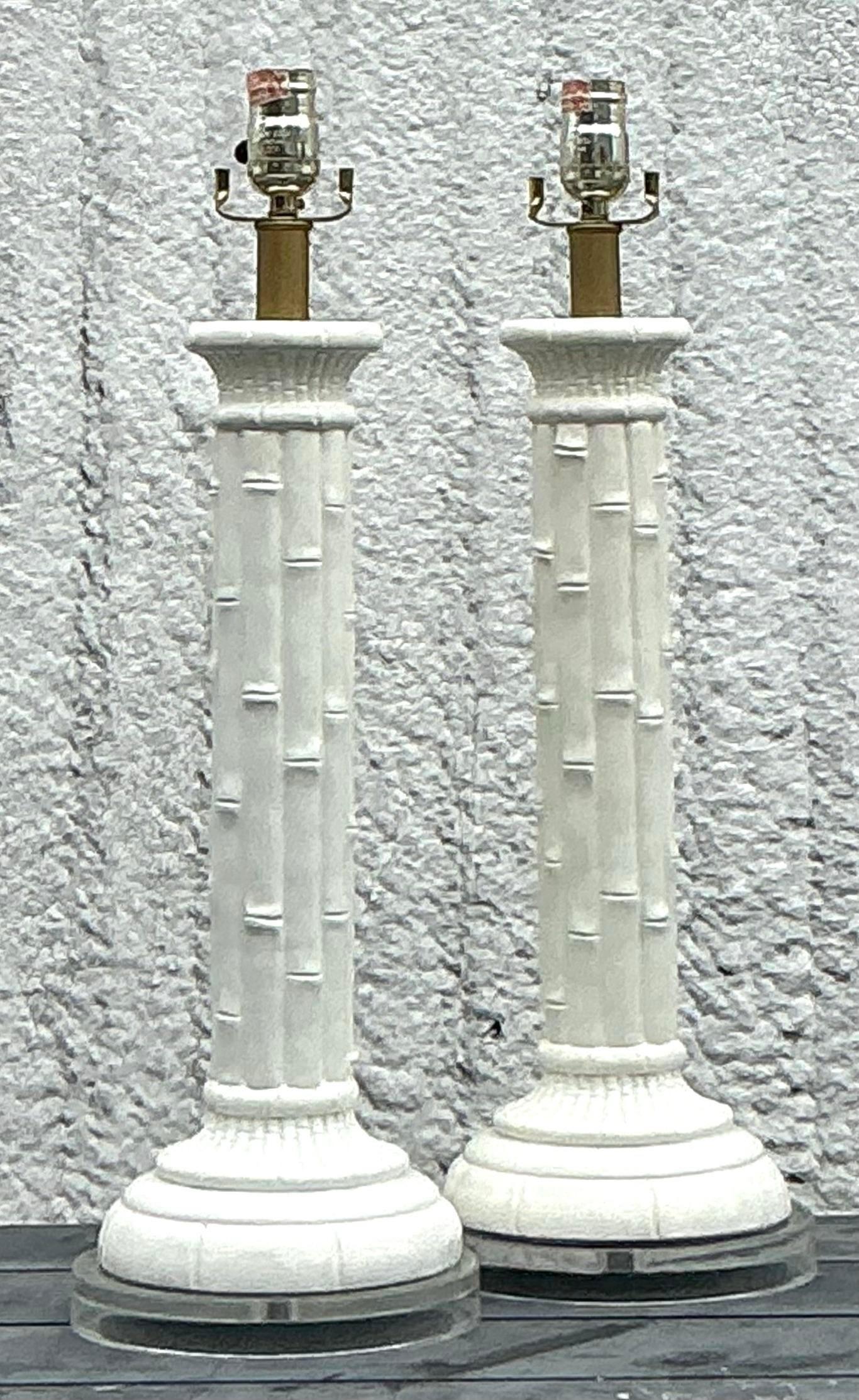 Métal Paire de lampes bohème vintage en céramique émaillée en bambou en vente